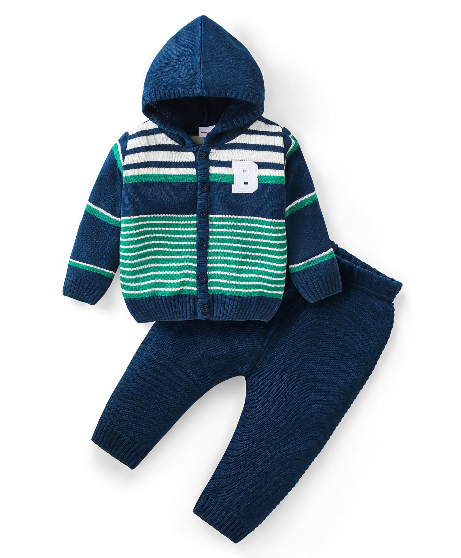 Babyhug Knitted Full Sleeves Front Open Hooded Sweater Set with Striped Design & Alphabet Patch - Navy Blue & Green-image-42