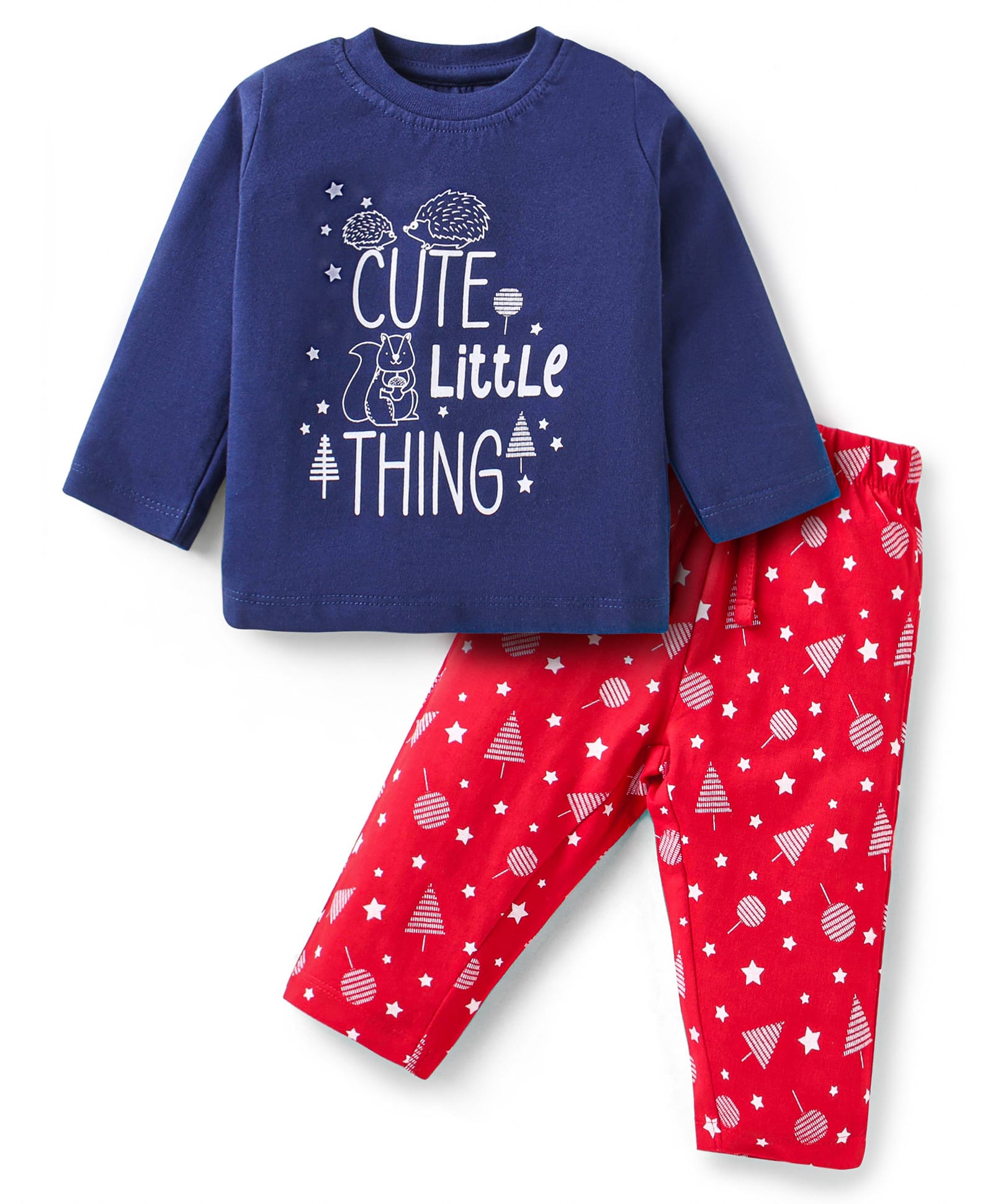 Doodle Poodle 100% Cotton Knit Full Sleeves Night Suit with Text Print - Red & Navy Blue-image-49