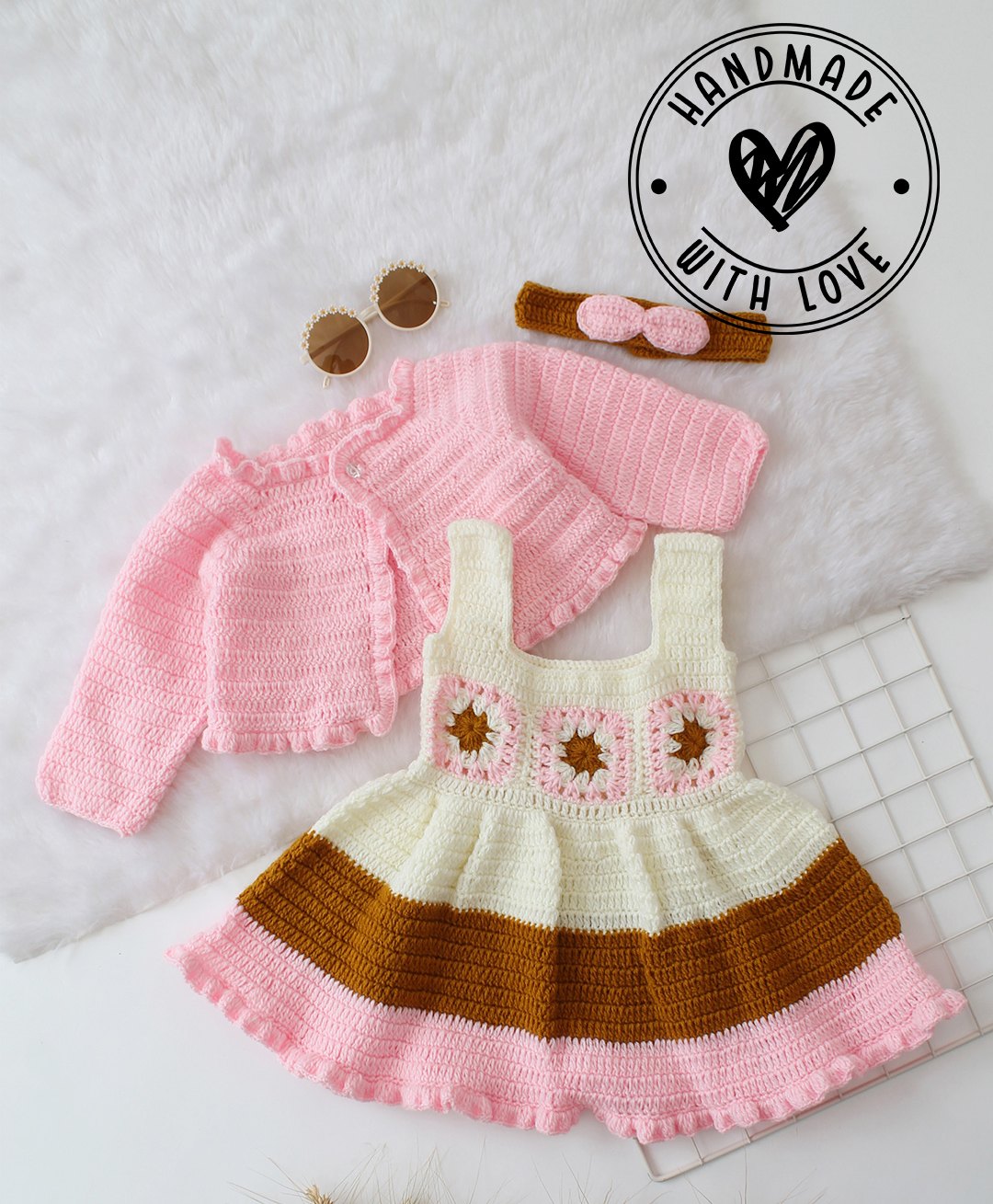 Woonie Granny Crochet Floral Detailed  Handmade Dress With Full Sleeves Shrug & Headband - Pink-image-47