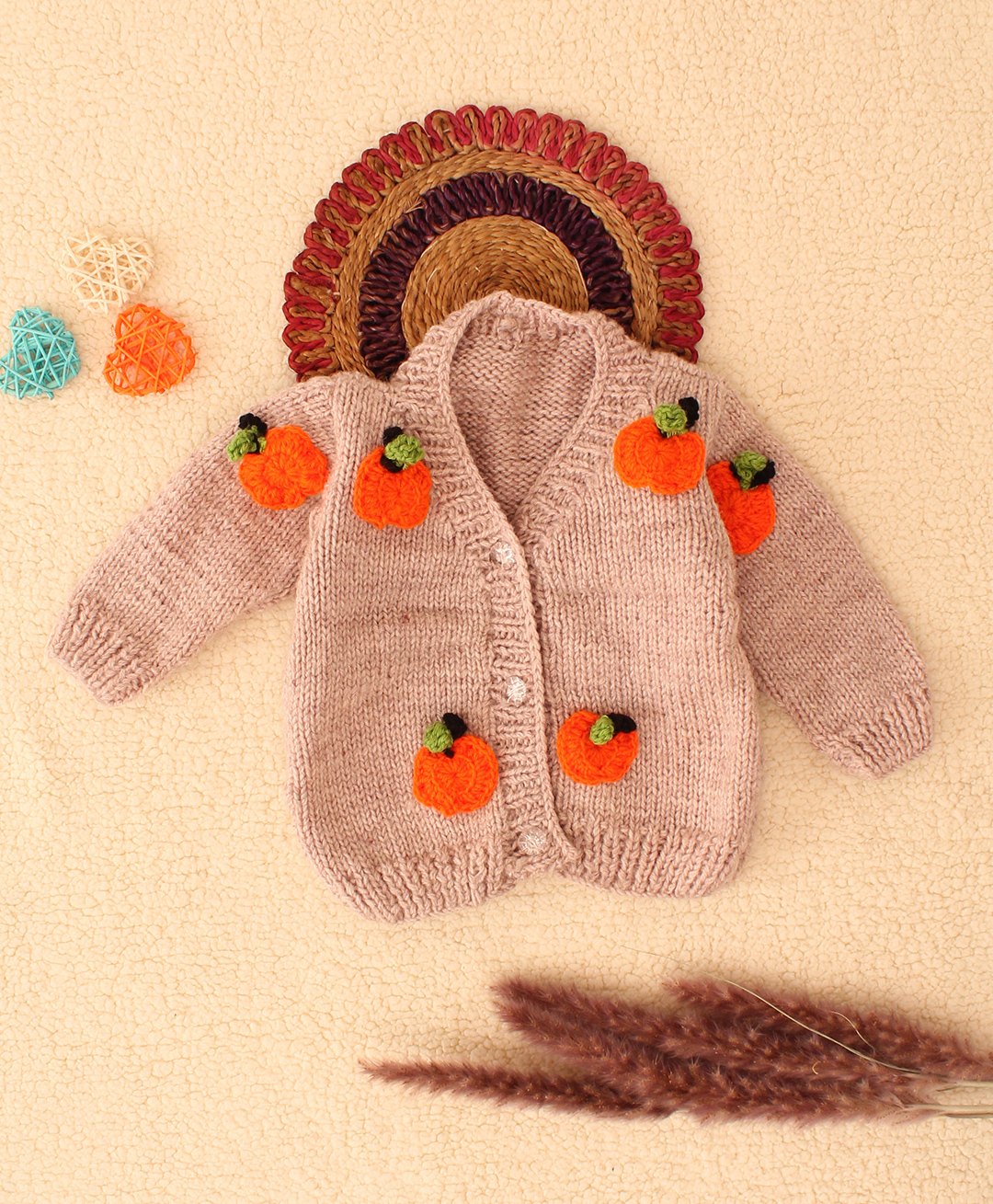 Woonie Full Sleeves  Handknitted Pumpkin Applique Sweater - Beige-picture-22