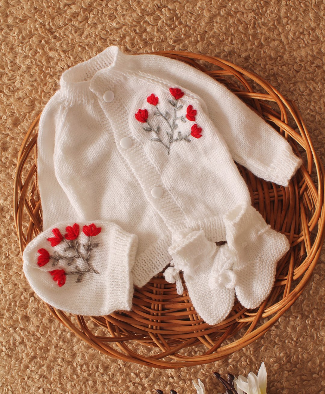 Woonie Full Sleeves Handknitted Floral Embroidered Sweater Set - White-image-49