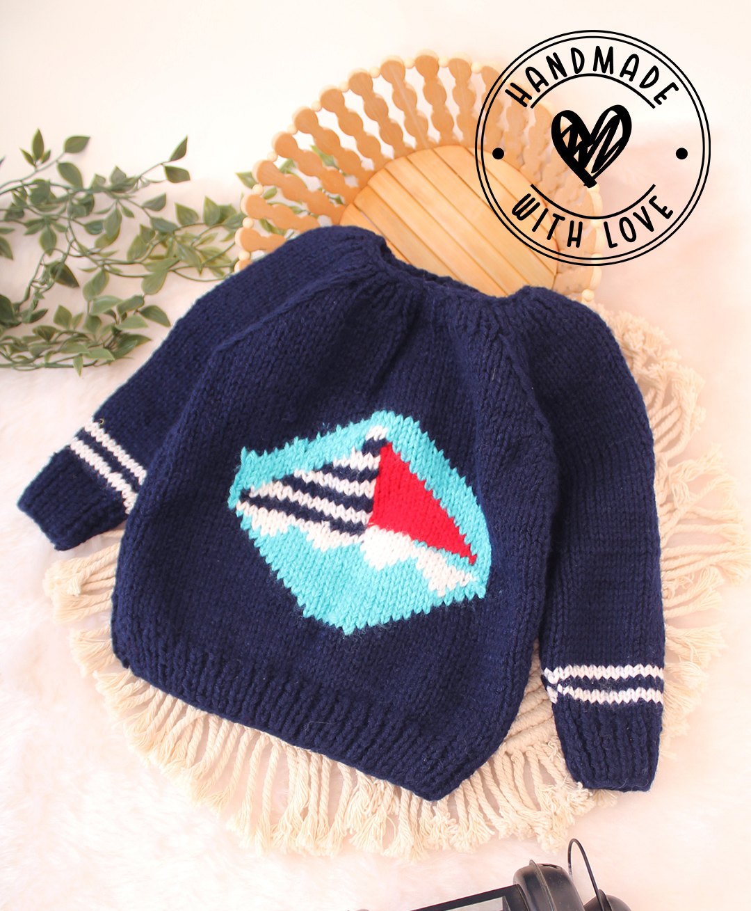 Woonie Full Sleeves Handknitted Ship Design Sweater - Navy Blue-image-36