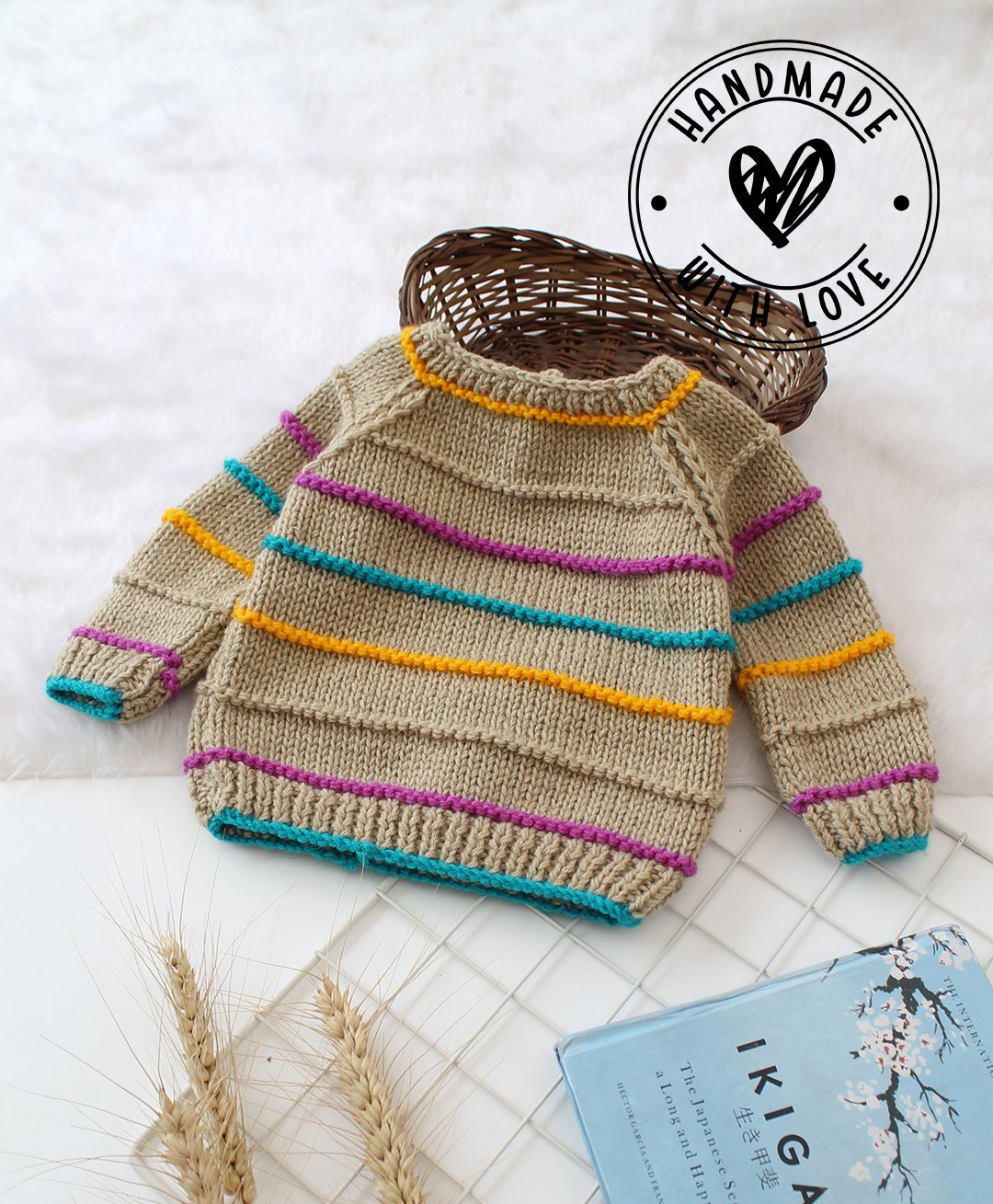 Woonie Full Sleeves Handknitted Striped Sweater - Beige-image-9