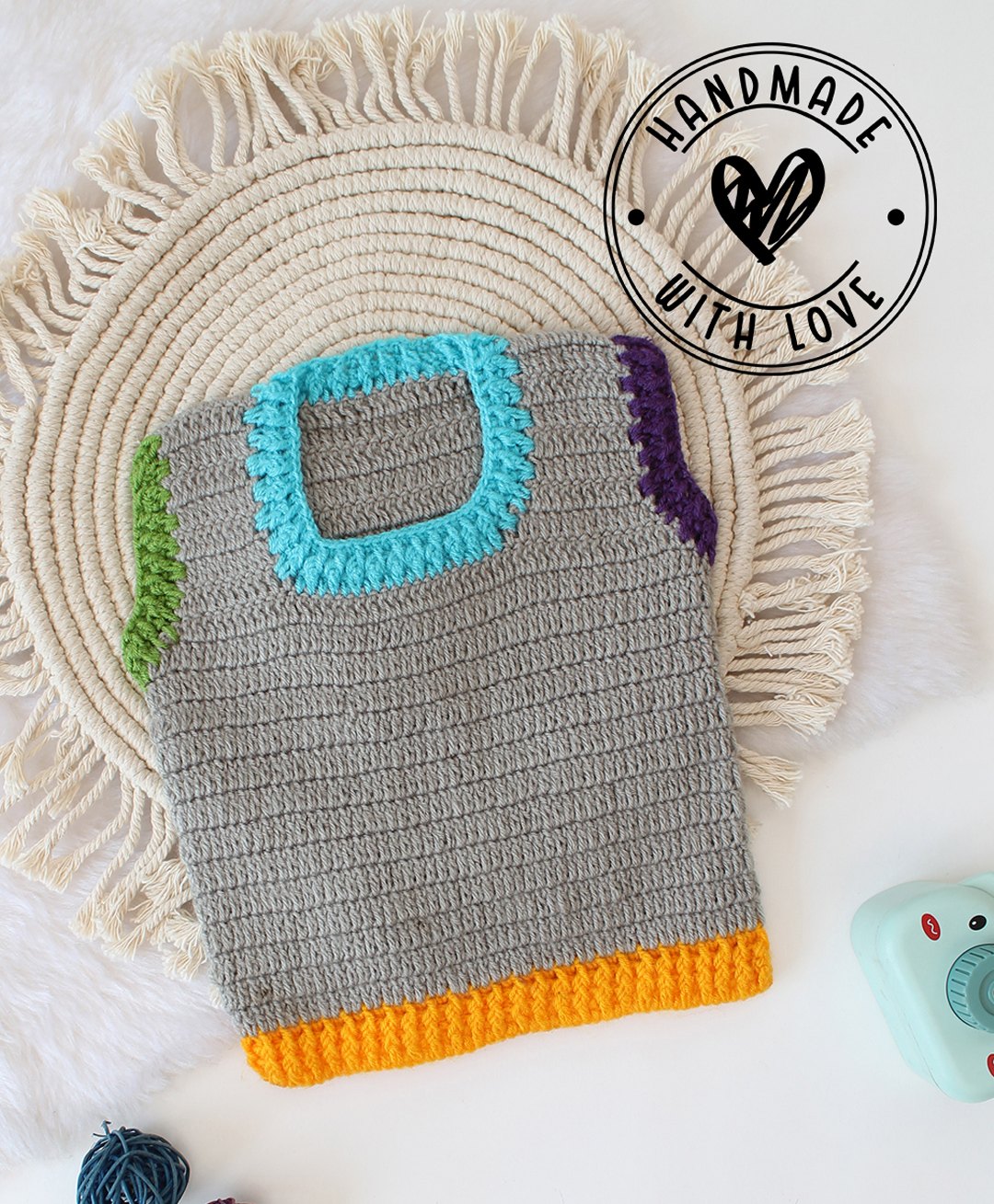 Woonie Sleeveless Crochet Self Designed Sweater Vest - Grey-image-1