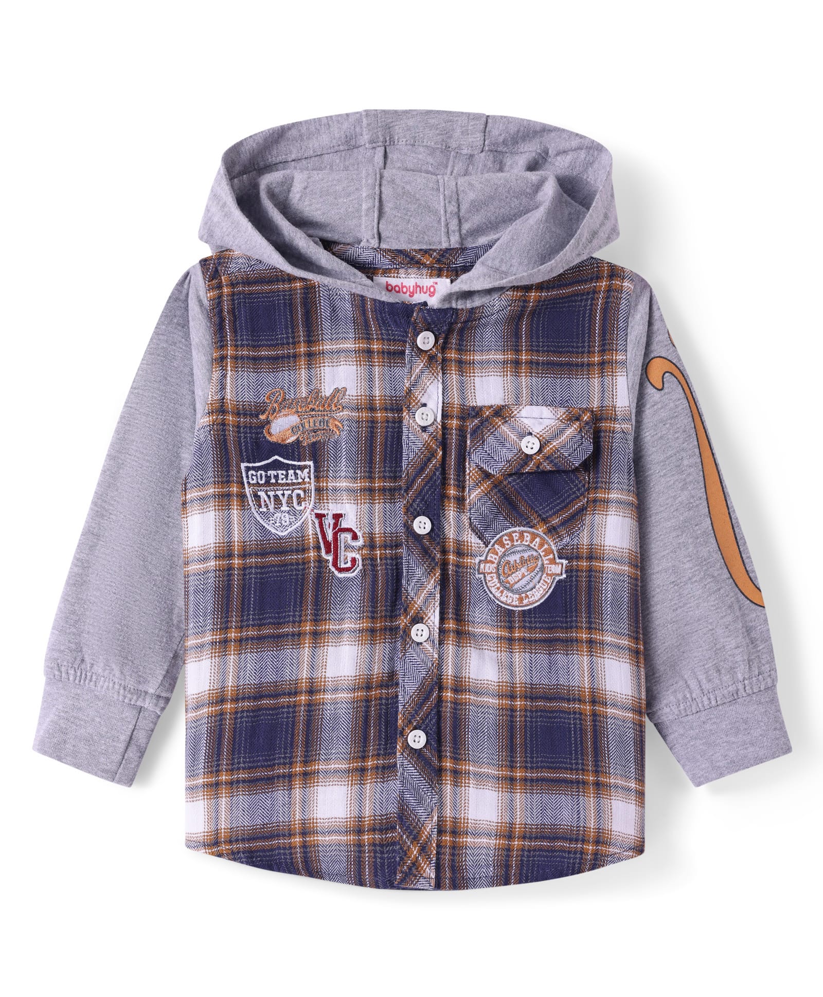 Babyhug Cotton Woven Full Sleeves Checkered Hooded Shirt With Sport Theme Embroidery - Grey & Navy Blue-image-27