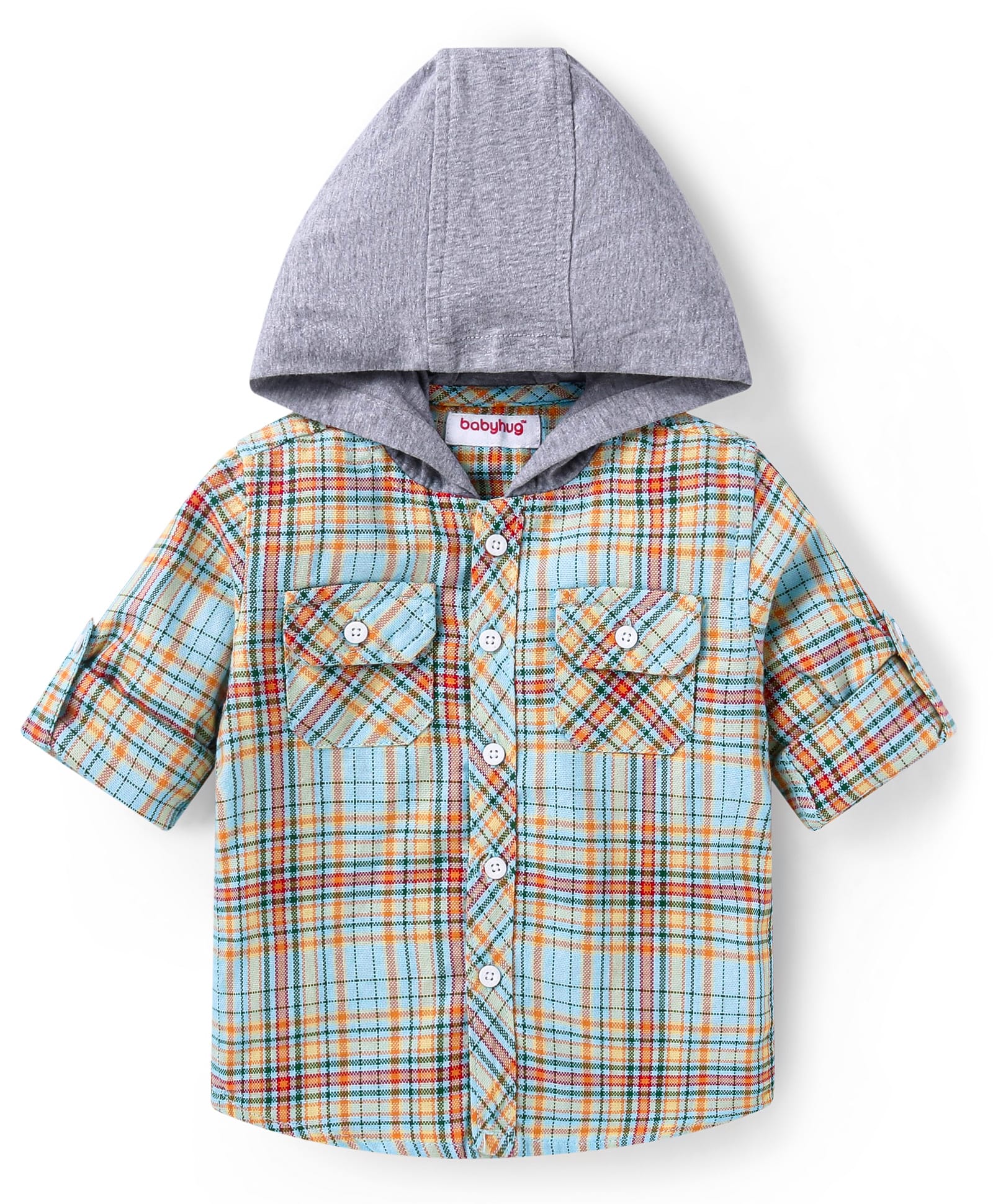 Babyhug Cotton Woven Full Sleeves Hooded Shirt With Checks - Light Blue-picture-14