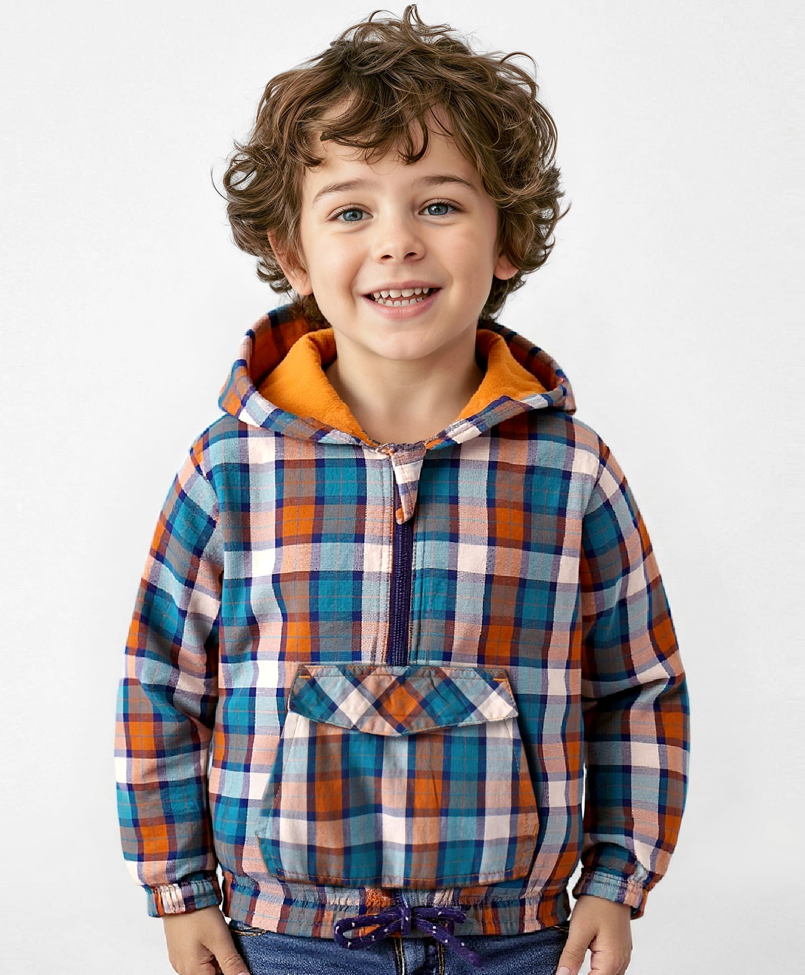 Babyhug Cotton Woven Full Sleeves Checkered Hooded Sweatshirt With Kangaroo Pockets - Orange-image-4