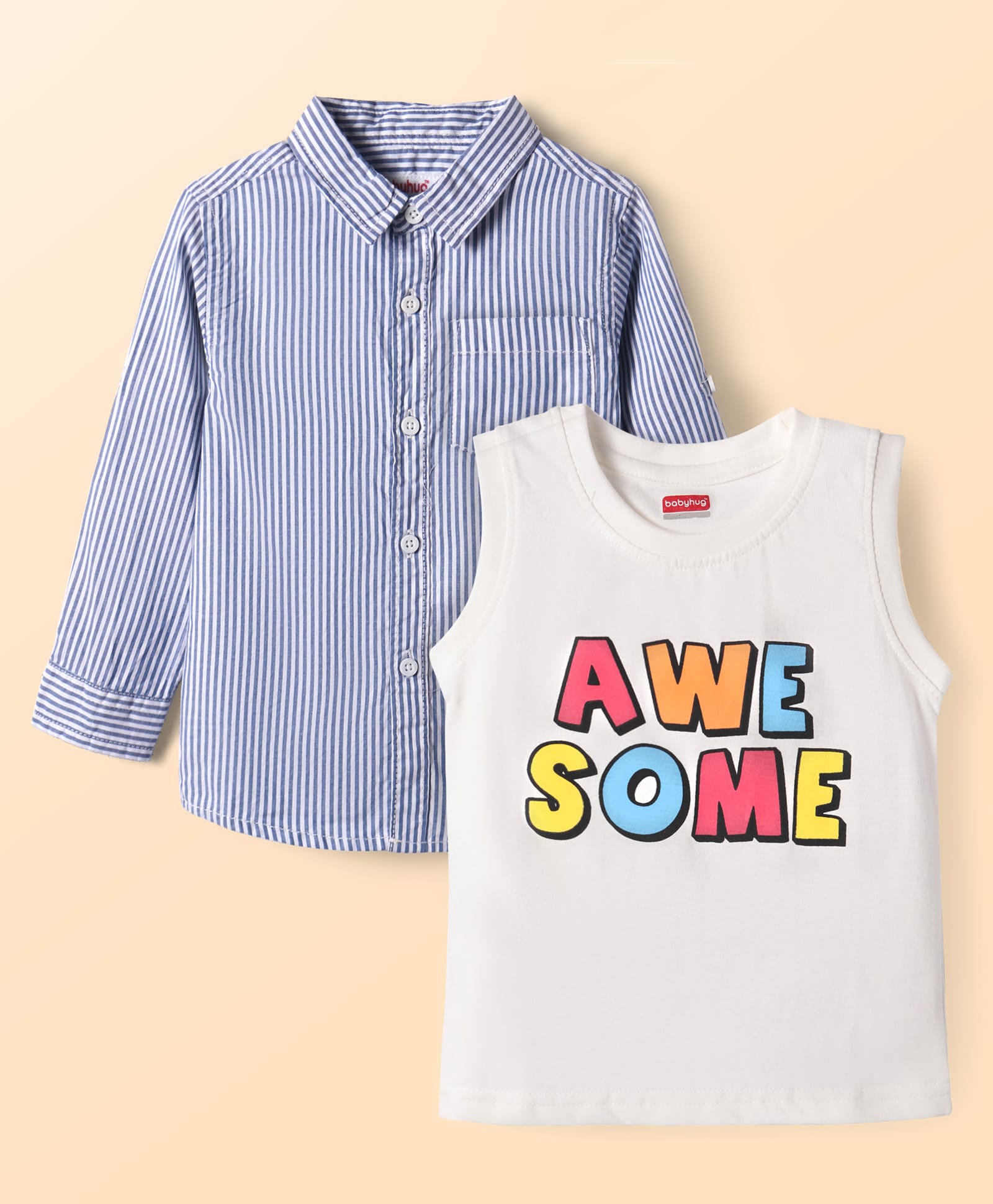 Babyhug Cotton Woven Full Sleeves Striped Shirt With Text Printed T-Shirt - Blue