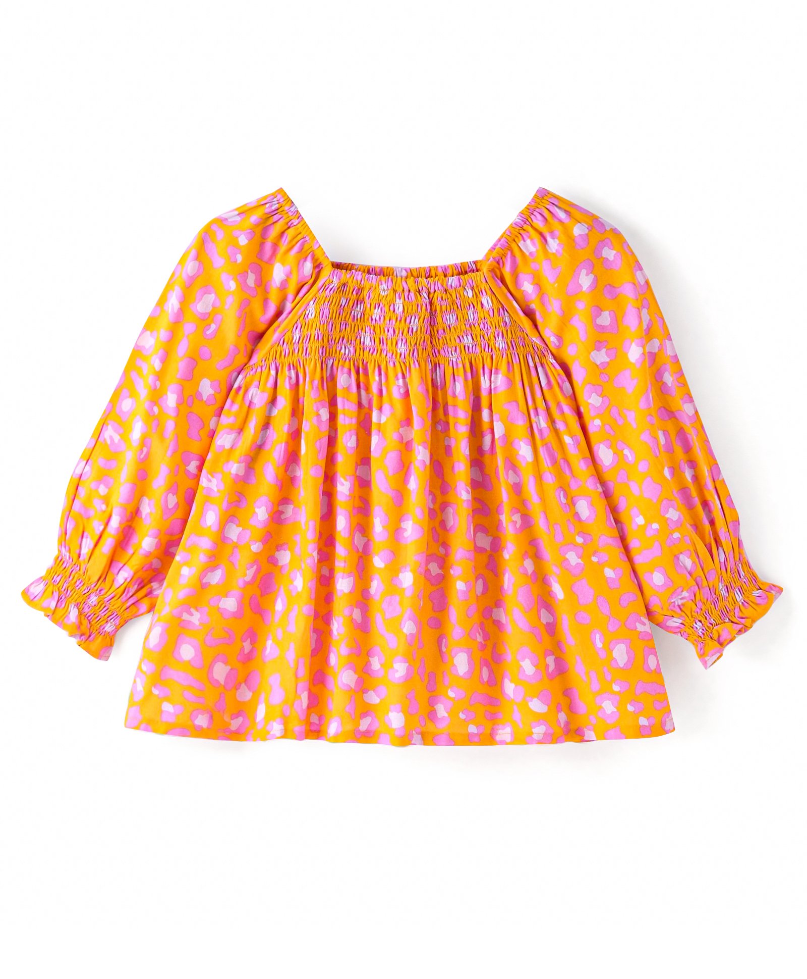 Babyhug Rayon Woven Full Peasant Sleeves Smocking Detailed Top - Orange-image-16