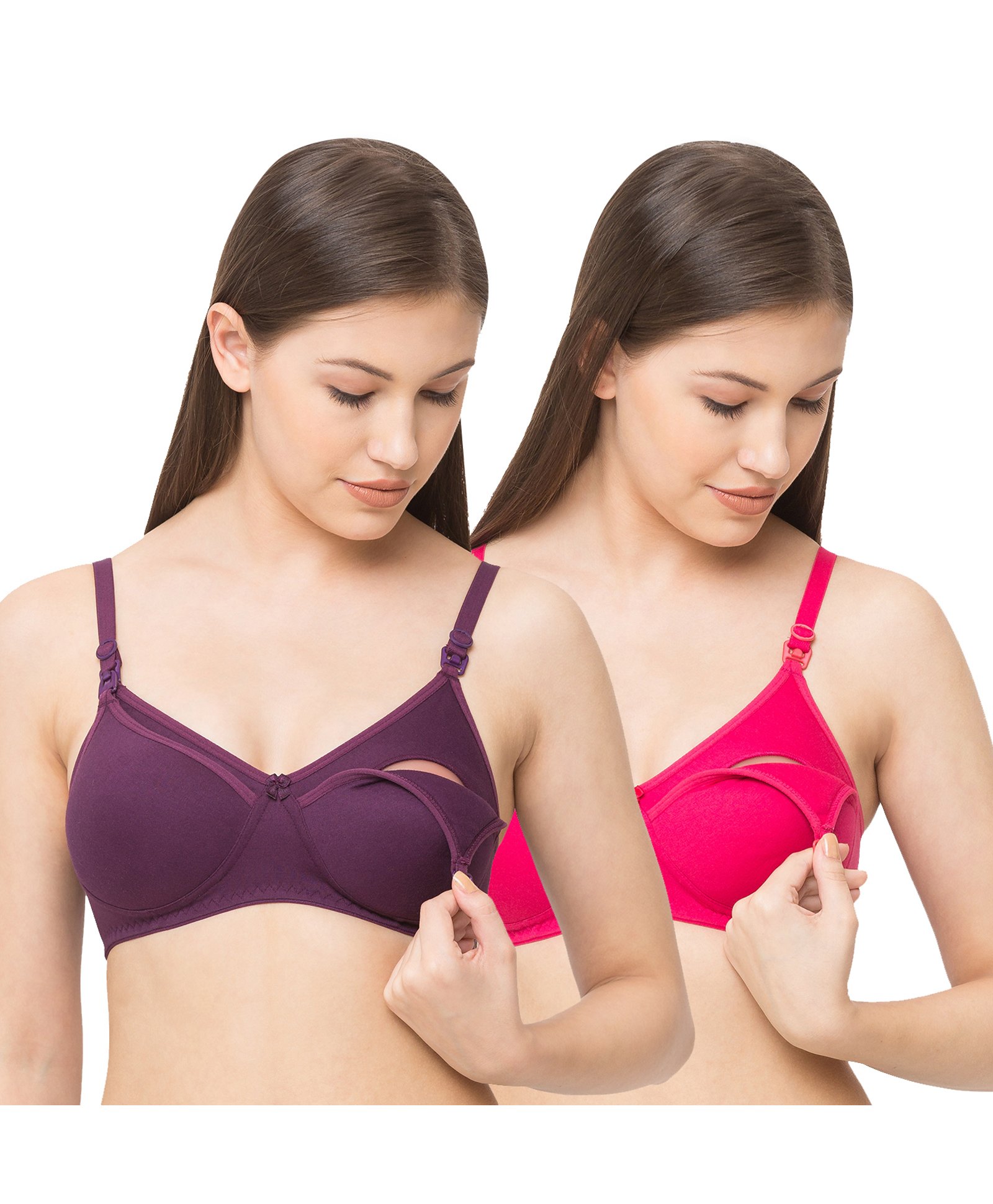 MomToBe Pack Of 2 Cotton Padded Non Wired Solid Maternity Bra - Pink & Purple-picture-12