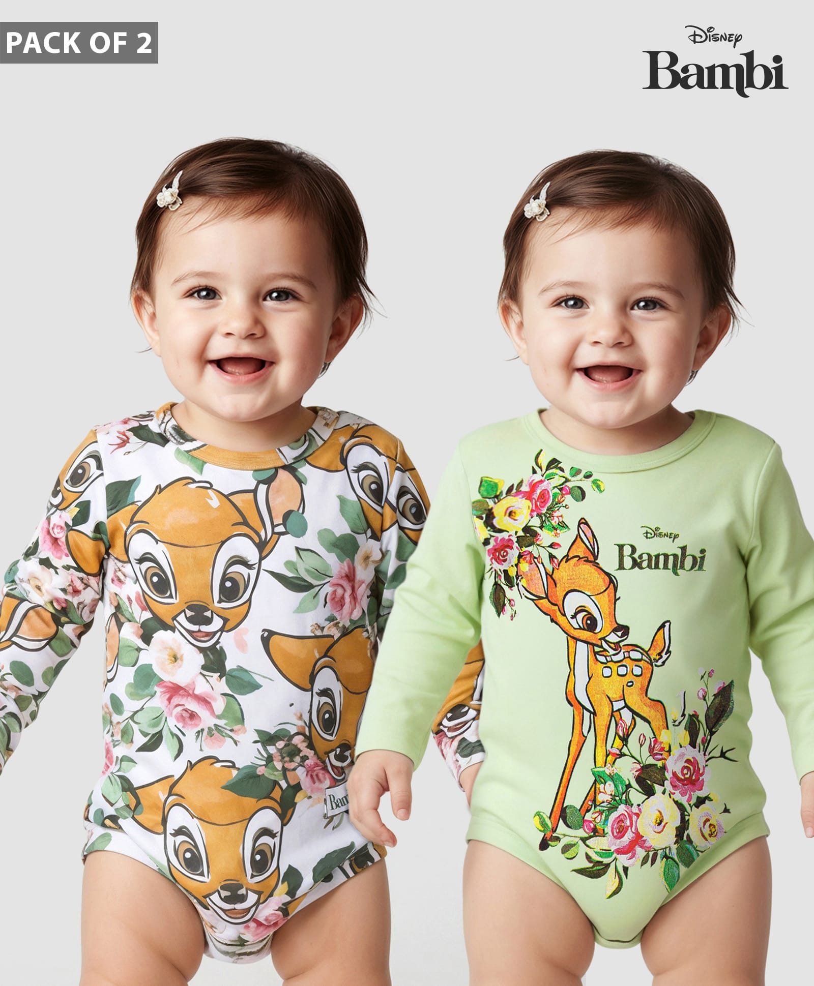 Babyoye Disney Interlock Knit Full Sleeves Onesies With Bambi Graphics Pack of 2 - Multicolour-picture-25