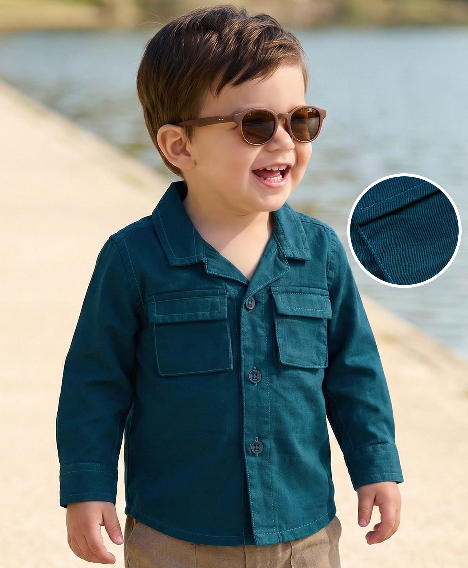 Babyoye 100% Cotton Woven Full Sleeves Solid Dyed Shirt - Teal Blue-image-35