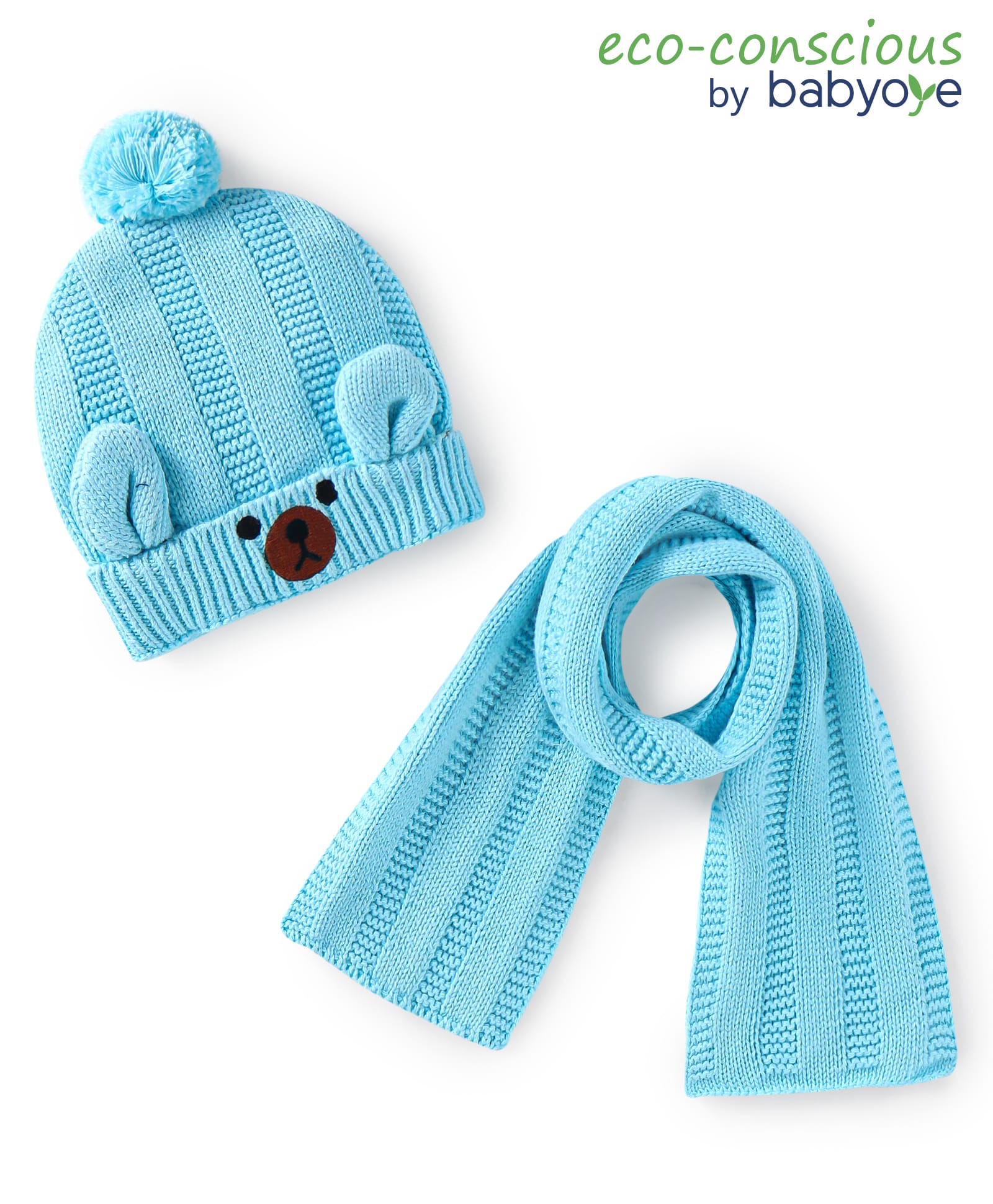 Babyoye Cotton Knit Woollen Cap & Muffler with Bear Design Light Blue -Diameter 17 cm-image-45