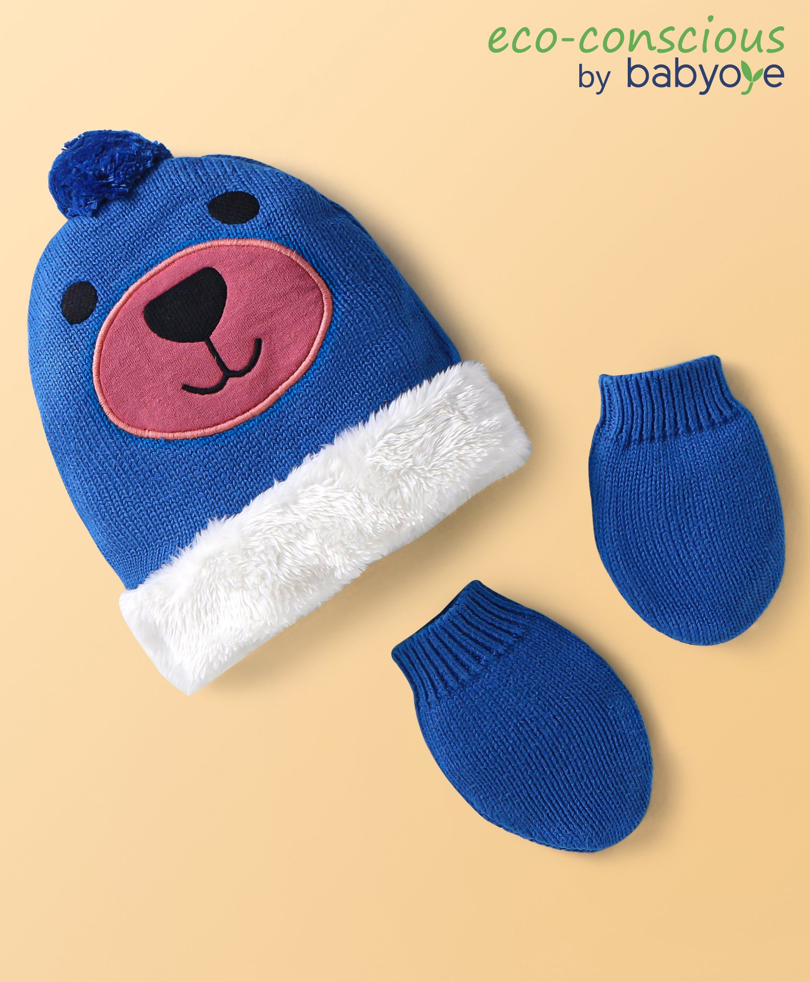 babyoye Babyoye100% Cotton Knit Woollen Cap & Mittens With Bears Print & Pom Pom Applique Navy Blue - Diameter 15 cm-picture-22