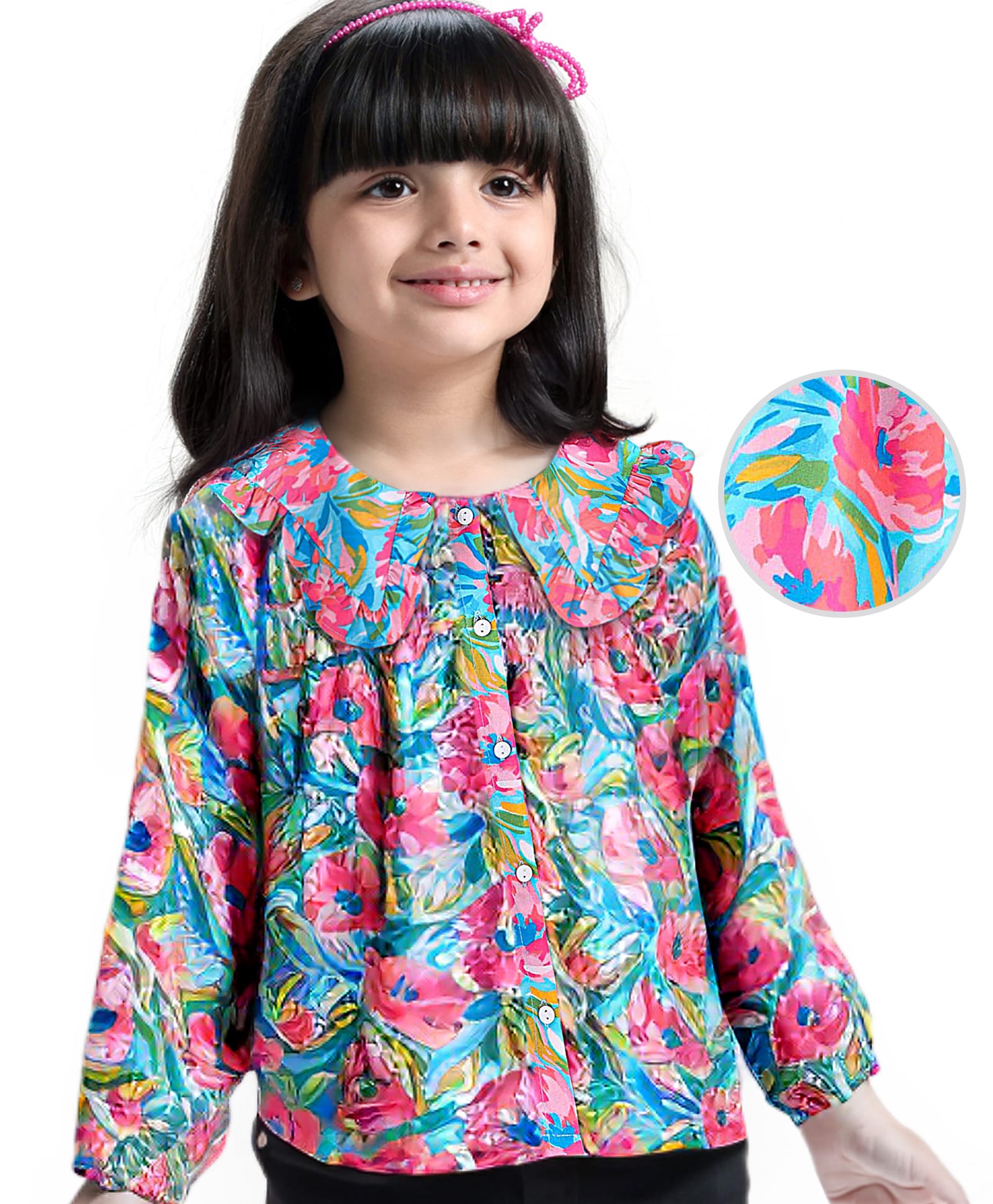 Babyhug Rayon Woven Full Sleeves Peter Pan Collar  Top with Floral Print -Pink & Blue-image-23
