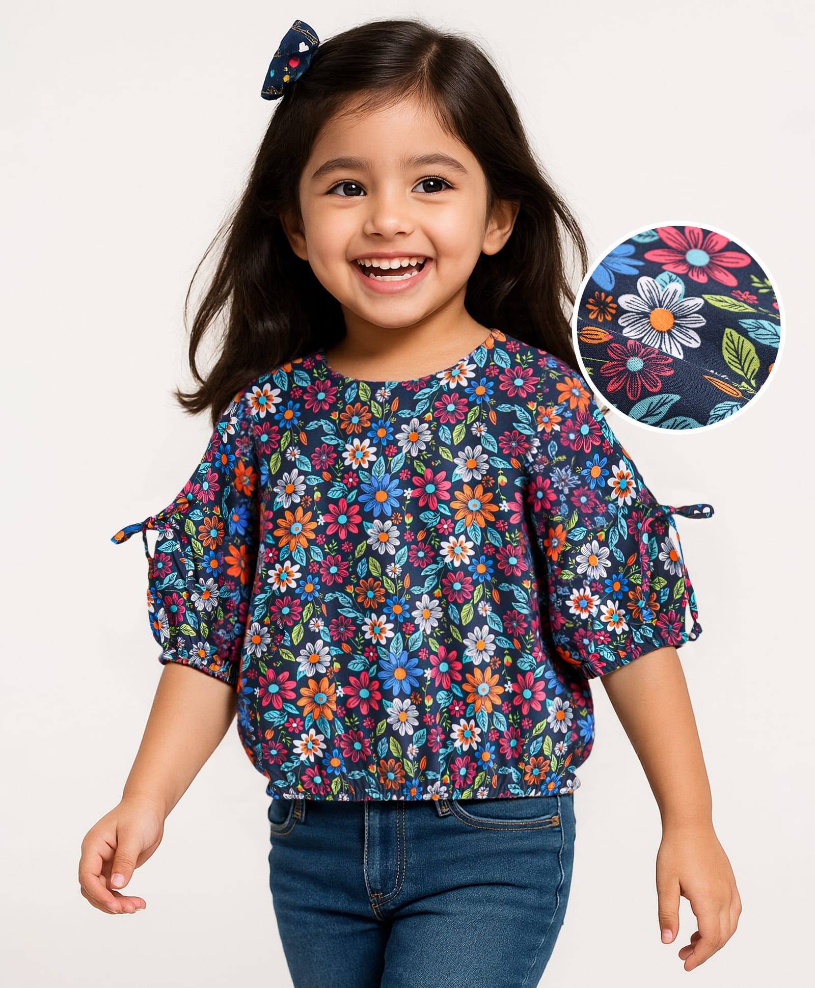 Babyhug Rayon Woven Full Sleeves Floral Printed Top - Navy Blue