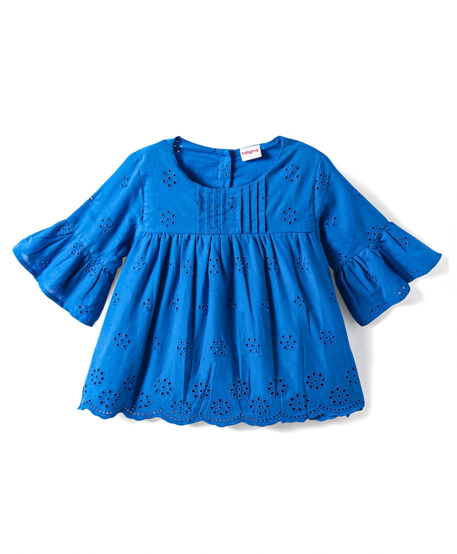 Babyhug Rayon Woven Half Bell Sleeves Solid Colour Top With Schiffli Detailing - Blue-image-35
