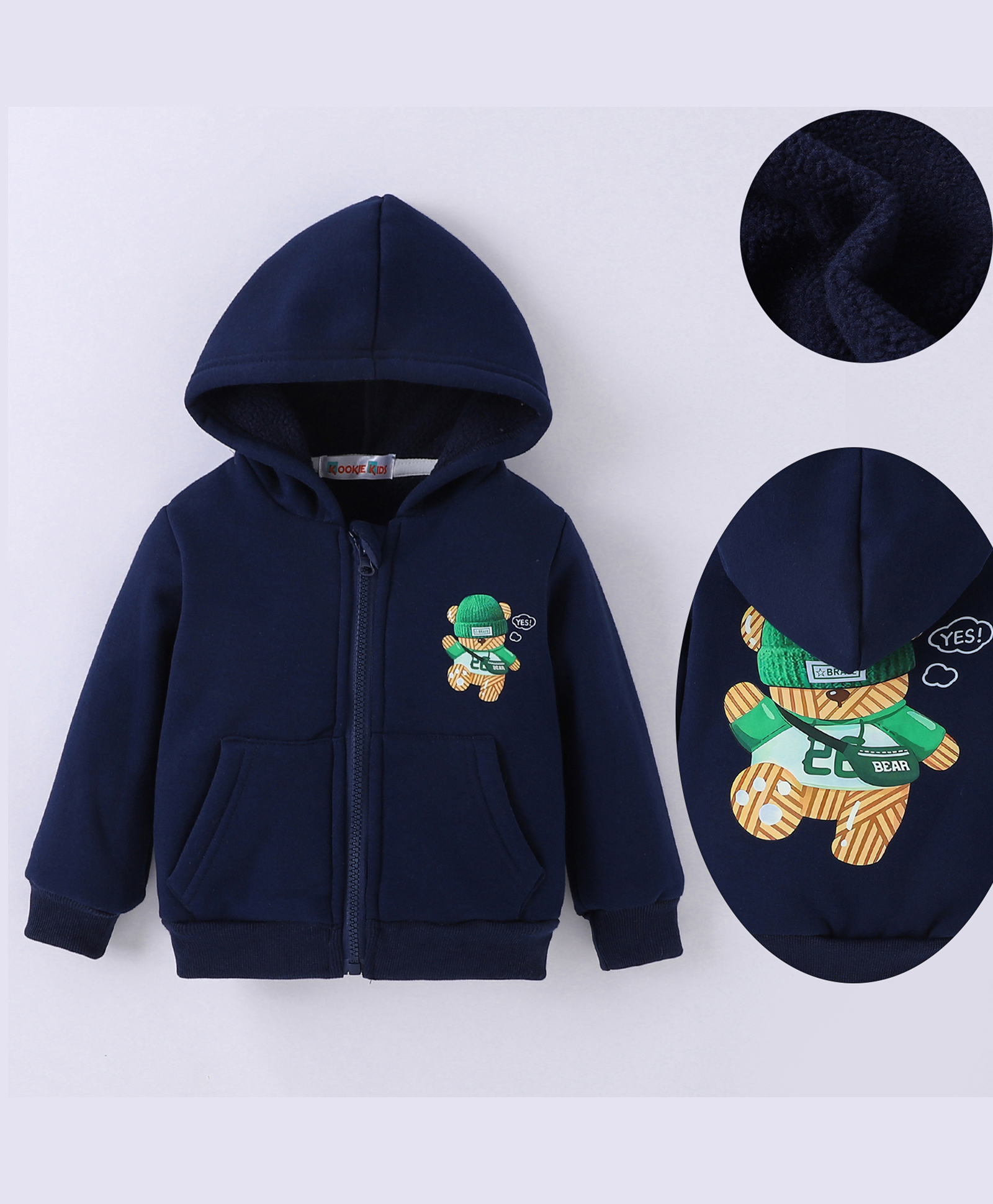 Kookie Kids Full Sleeves Bear Printed Hooded Sweatjacket with Kangaroo Pockets - Navy Blue-picture-12