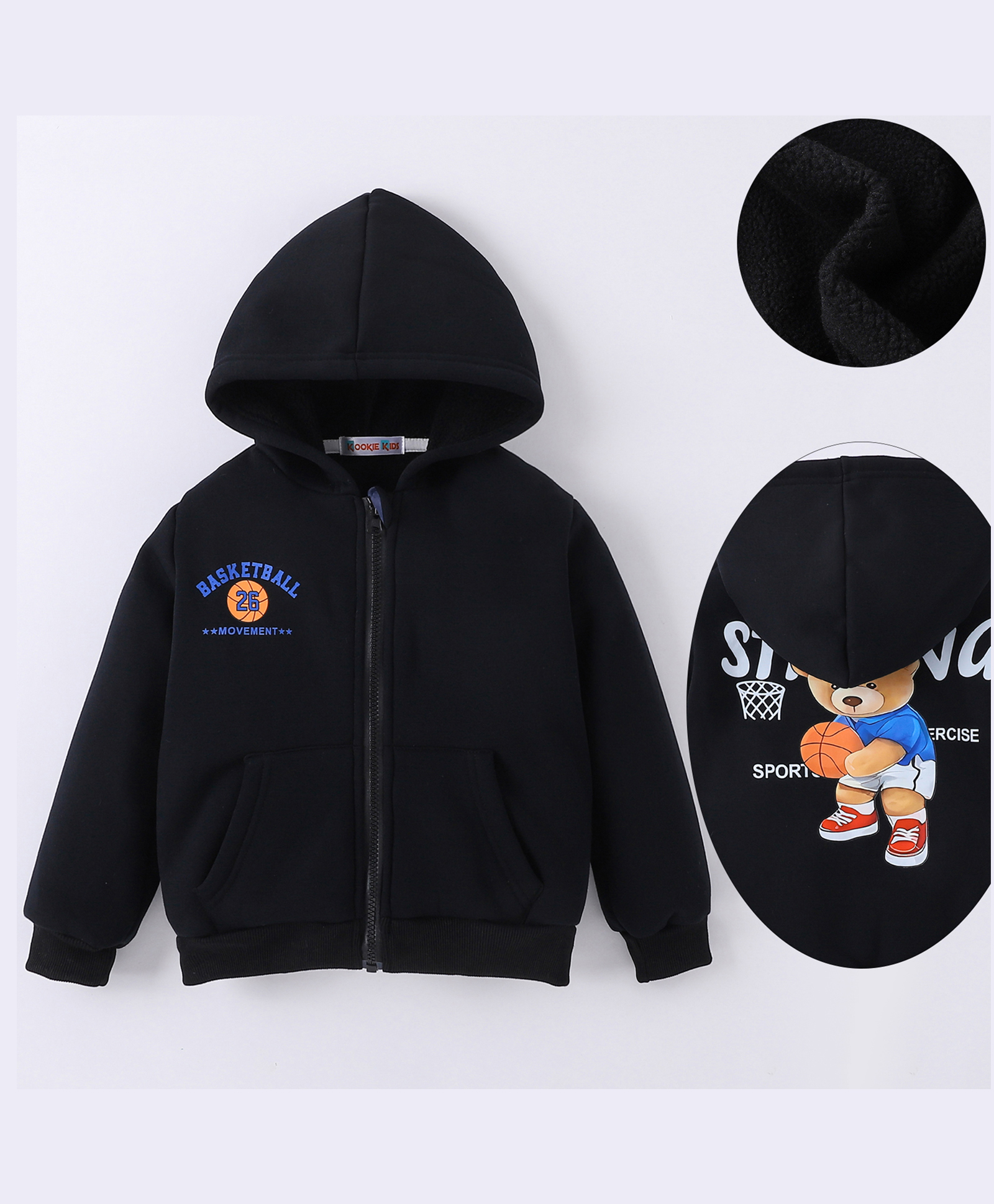 Kookie Kids Full Sleeves Text Printed Hooded Sweatjacket with Kangaroo Pockets - Black-image-14