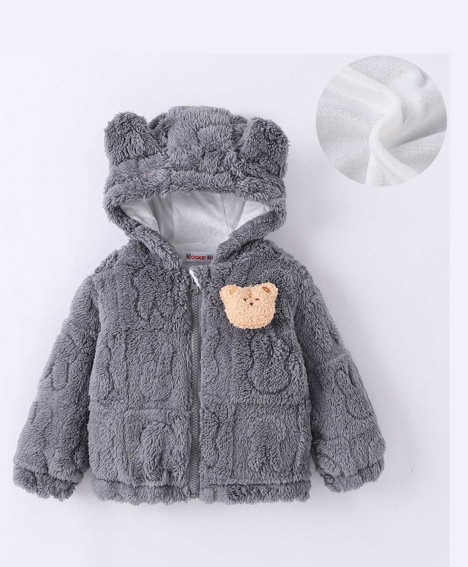 Kookie Kids Full Sleeves Hooded Winter Jacket with Bear Applique - Grey-picture-16