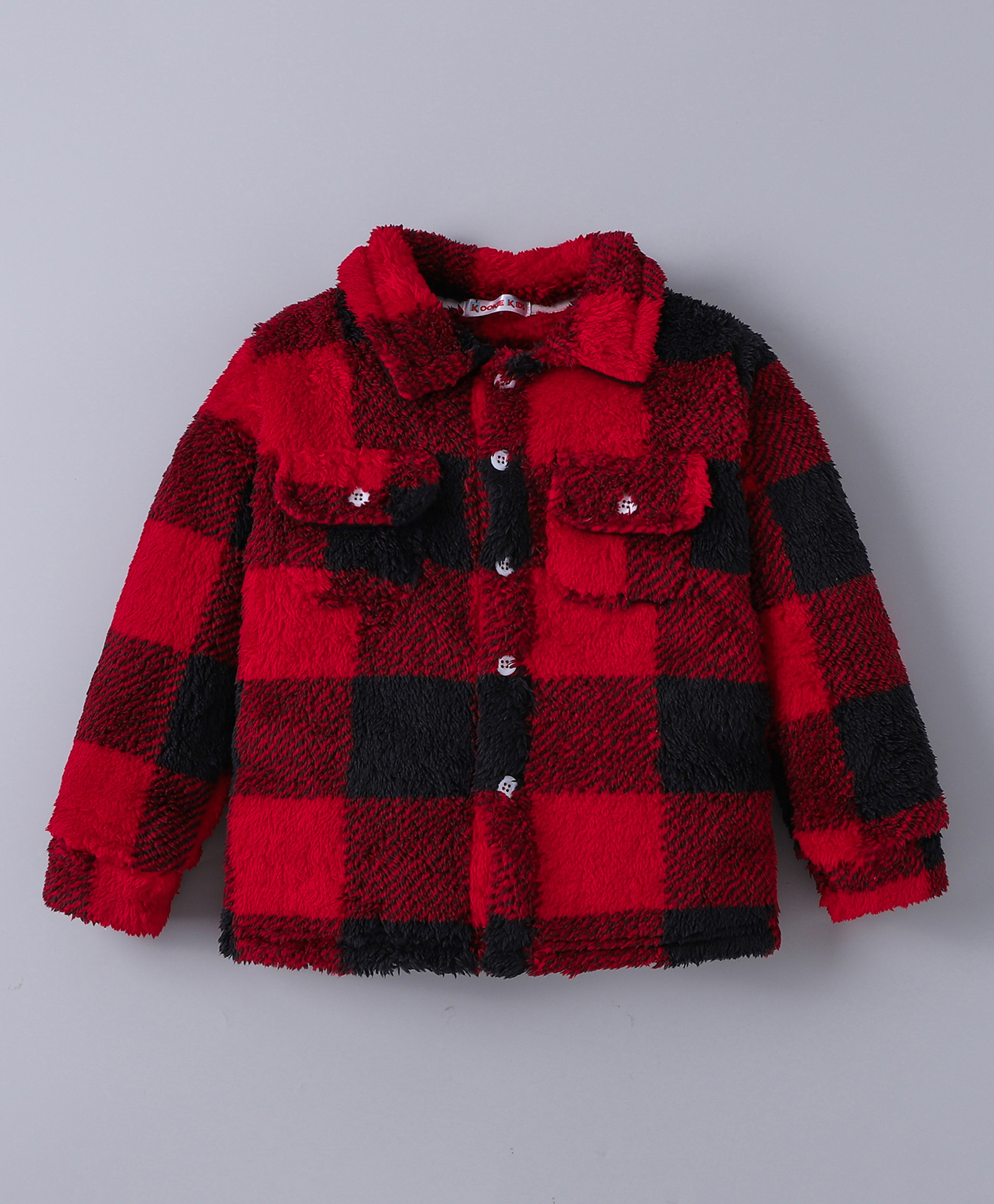 Kookie Kids Full Sleeves Collar Neck Checked Winter Fur Jacket with Pocket Detailing -Red & Black-picture-14