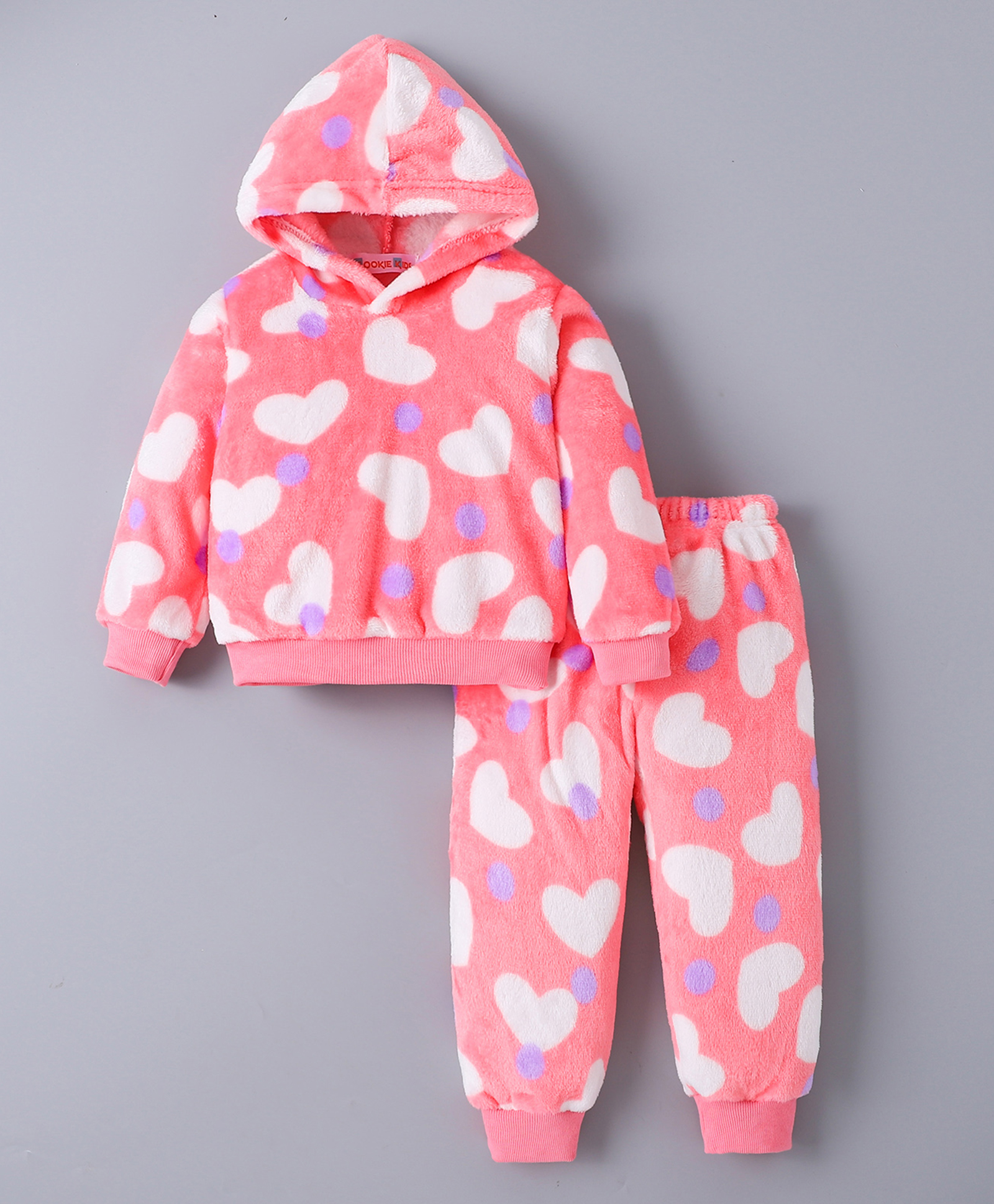 Kookie Kids Full Sleeves Hooded Winter Wear Co-Ord Set With Hearts Print - Pink-image-42