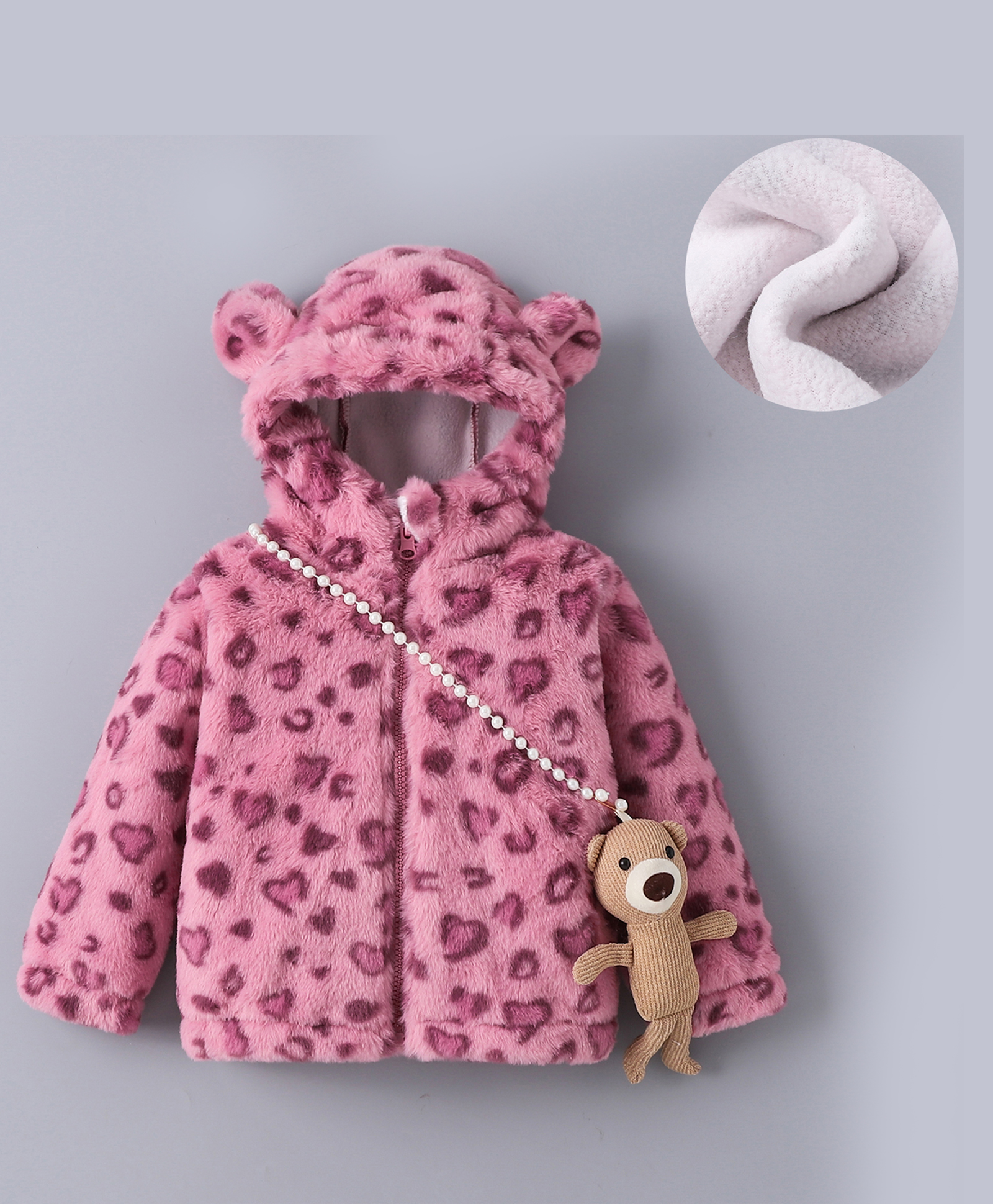 Kookie Kids Full Sleeves Hooded Winter Fur Jacket with Cheetah Print Design & Teddy Bear Applique - Pink-image-48