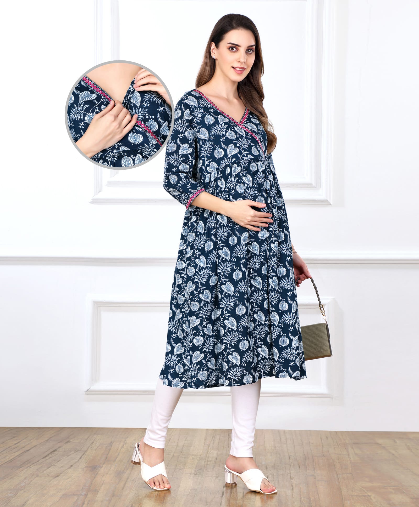 Bella Mama Viscose Woven Over Lapping Front Three Fourth Sleeves Maternity Kurta With Pocket Floral Print- Navy Blue-image-14