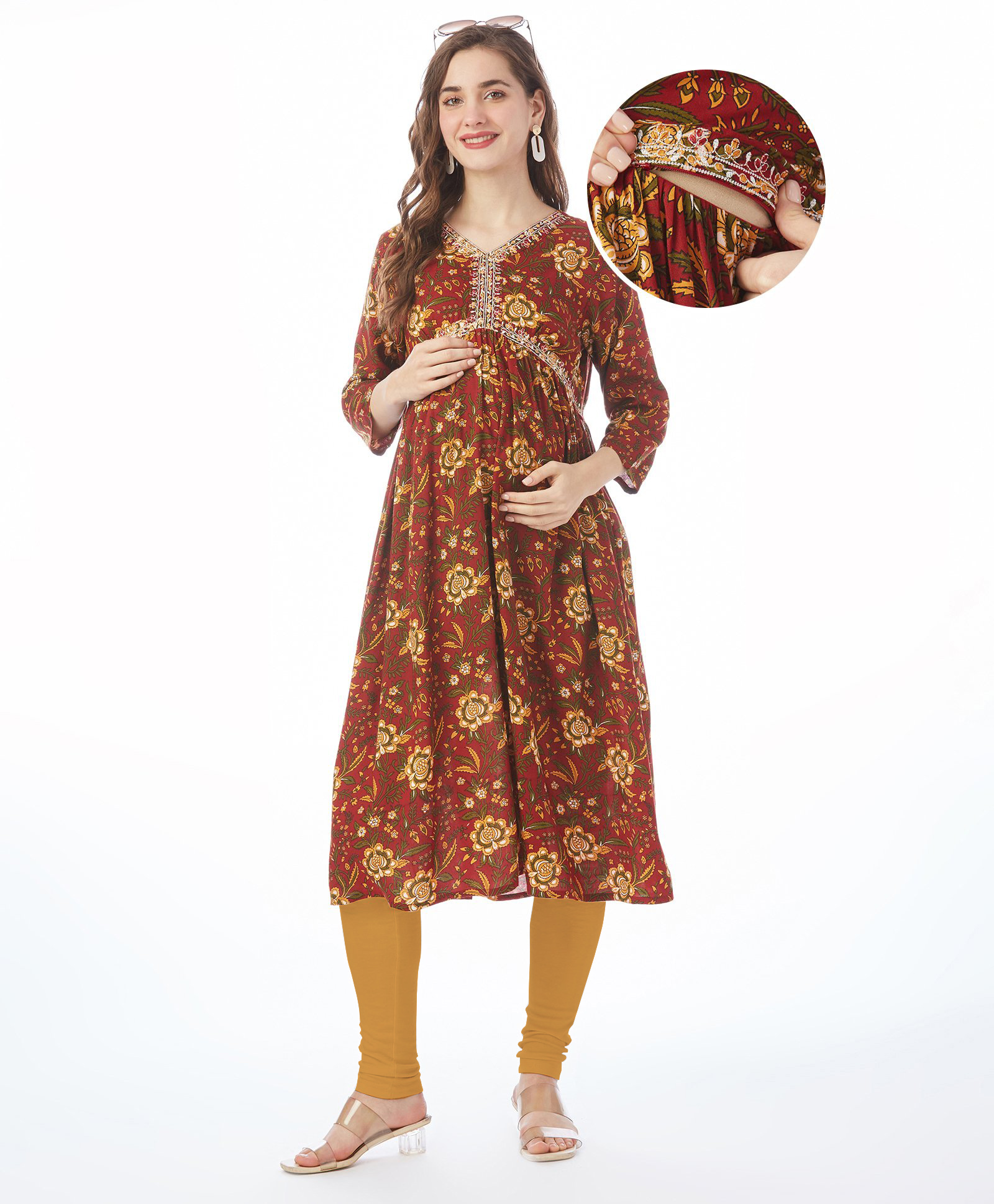 Bella Mama Woven Three Fourth Sleeves Floral Embroidered Yoke Maternity Kurta with Pocket - Maroon-image-43