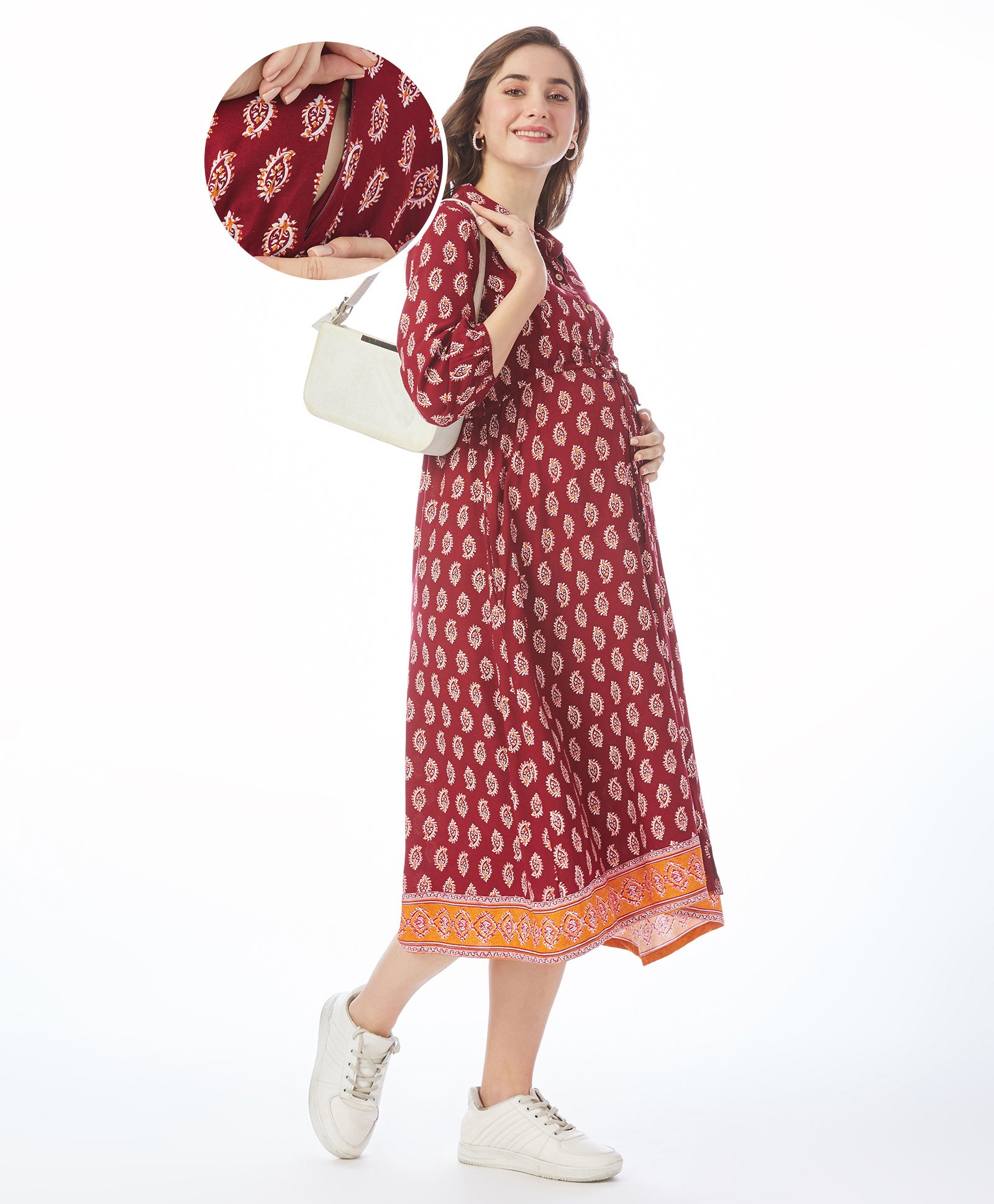 Bella Mama Woven Three Fourth Sleeves  Maternity Dress with Handblock Print - Maroon-image-48