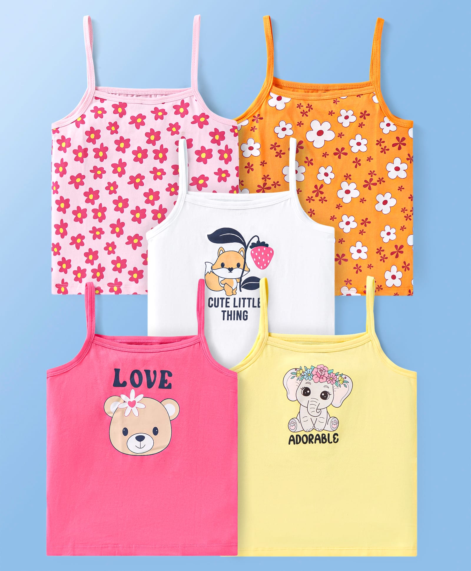 Doodle Poodle 100% Cotton Knit Singlet Sleeves Slips with Floral & Animal Prints Pack of 5 - Multicolor-picture-25