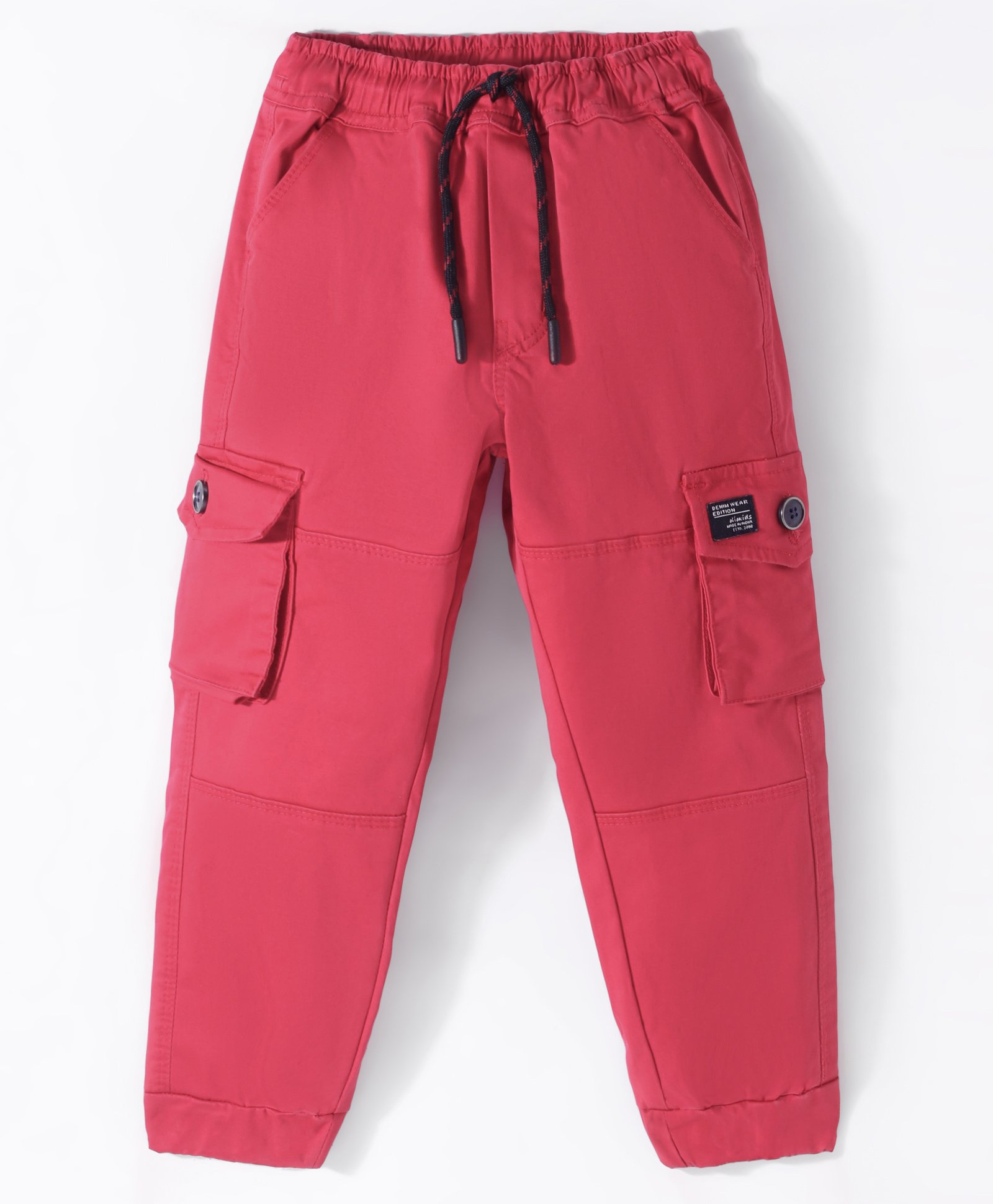 Olio Kids Cotton Woven Full Length Solid Trousers - Red-picture-14