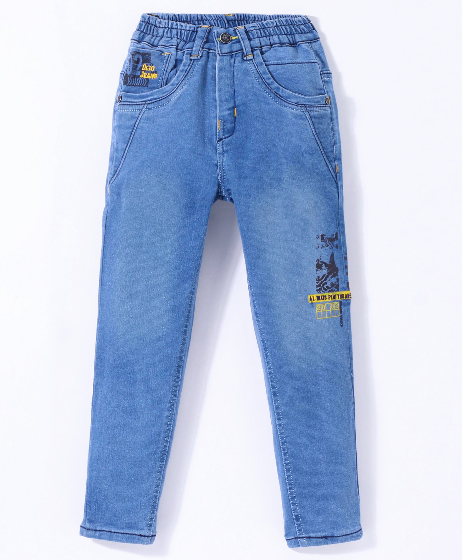 Olio Kids Denim Woven Full Length  Jeans with Text Print- Blue-picture-10