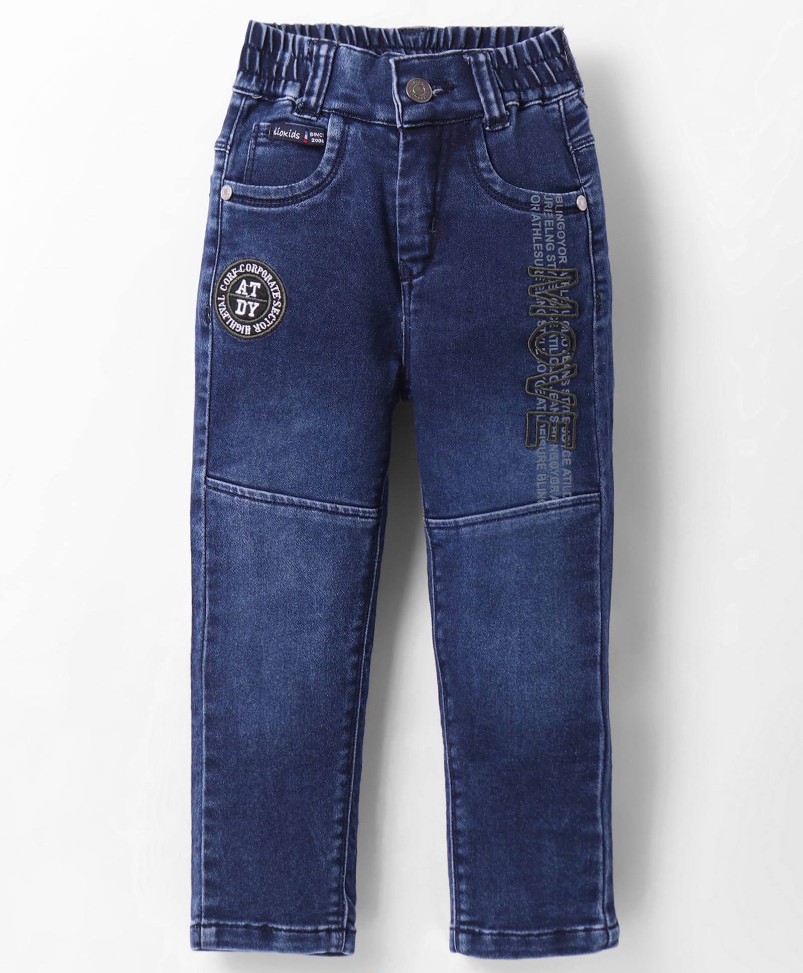 Olio Kids Woven Full Length Solid Denim Jeans with Embroidery Detailing - Navy Blue-picture-22