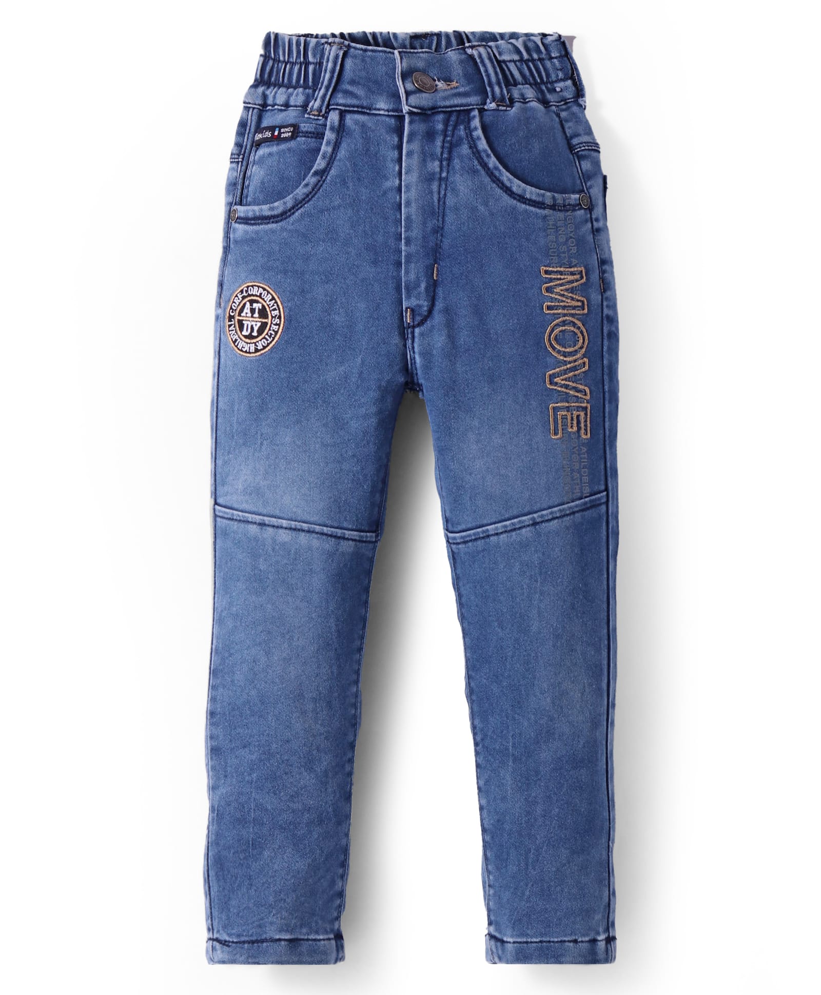 Olio Kids Woven Full Length Solid Denim Jeans with Embroidery Detailing - Navy Blue-picture-16