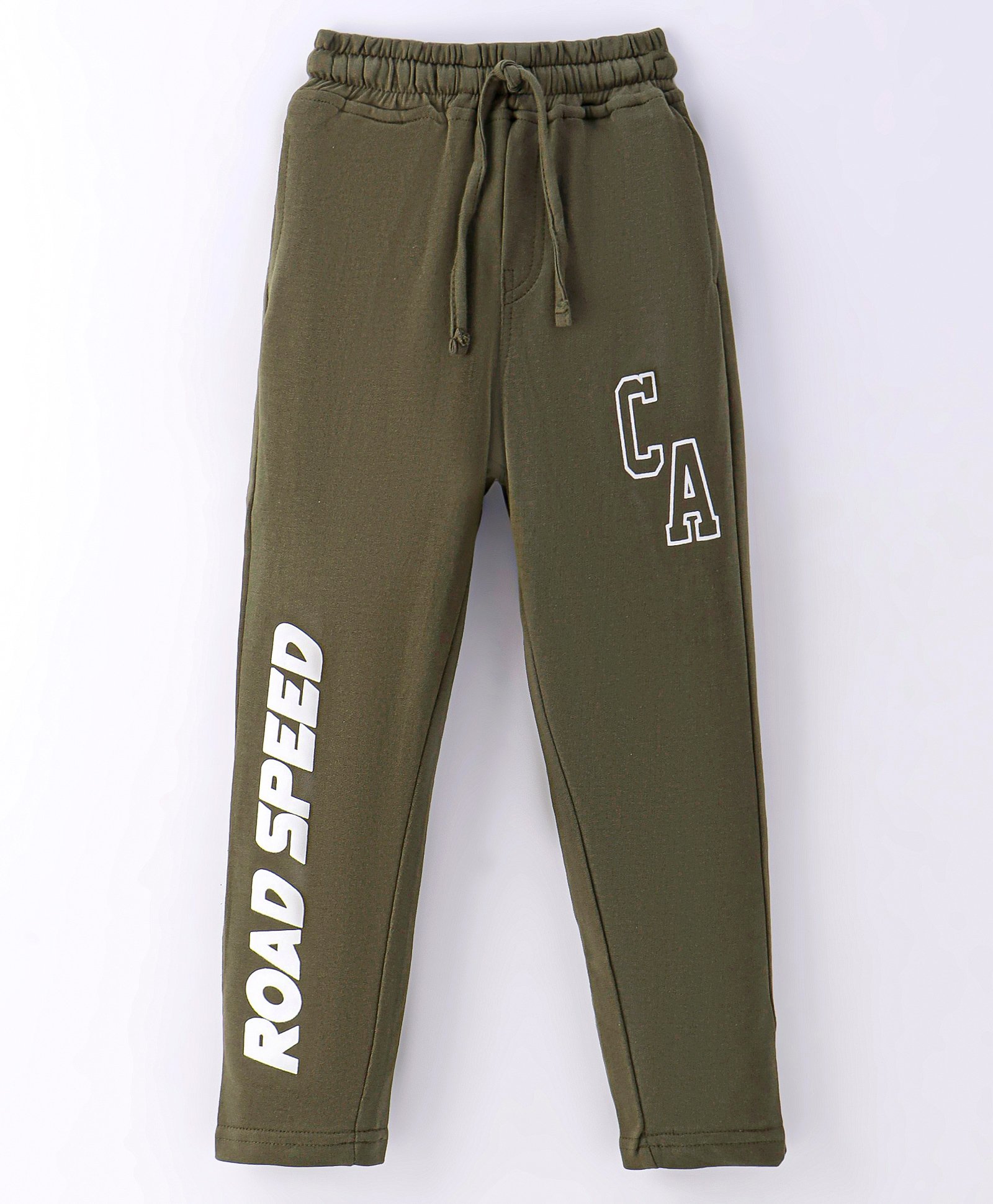 Olio Kids Cotton Knit Full Length Solid Color Track Pant Text Print - Olive Green-image-10