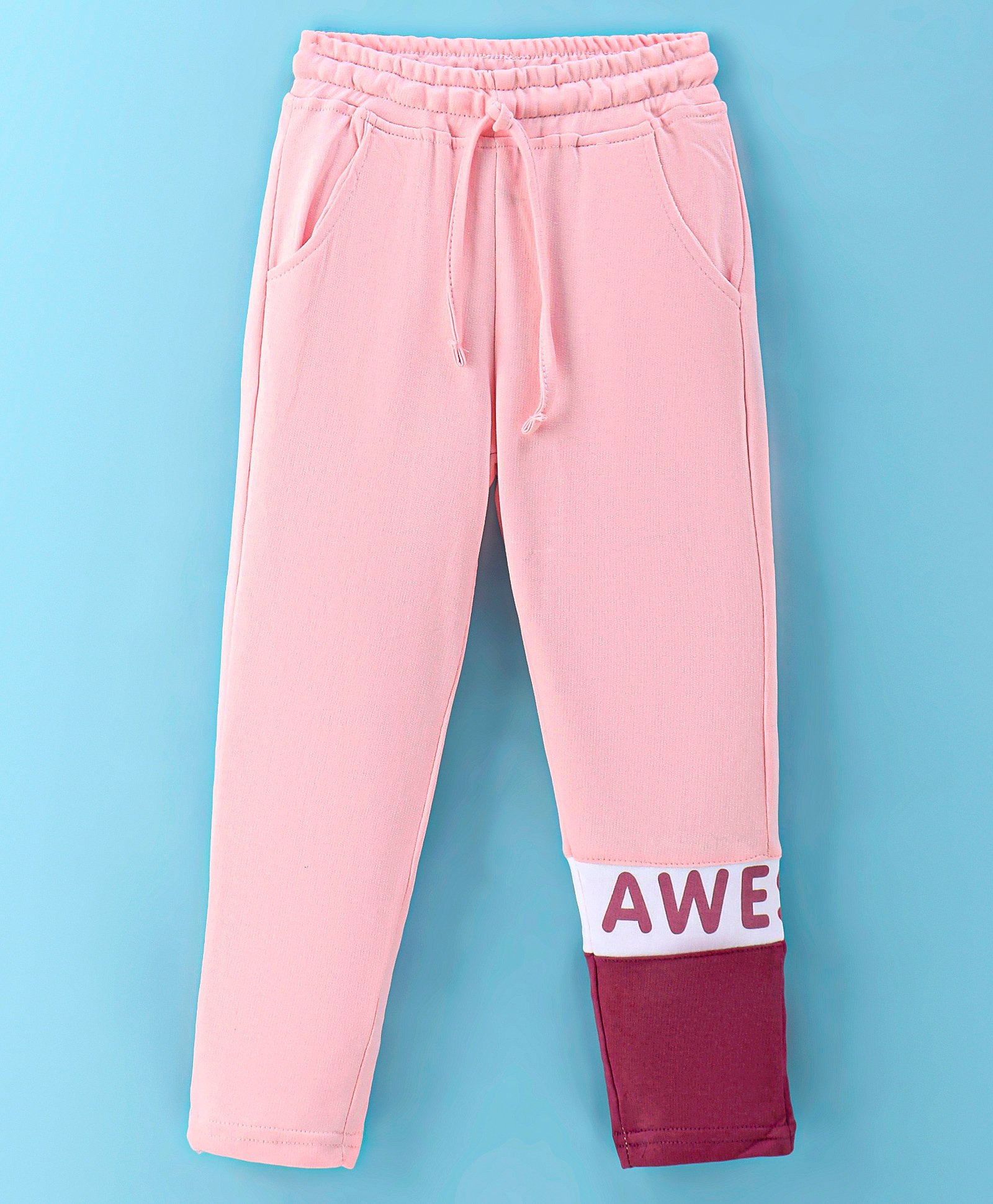 Olio Kids Cotton Knit Full Length Solid Color Cut & Sew Design Lounge Pant Text Print - Pink-picture-33