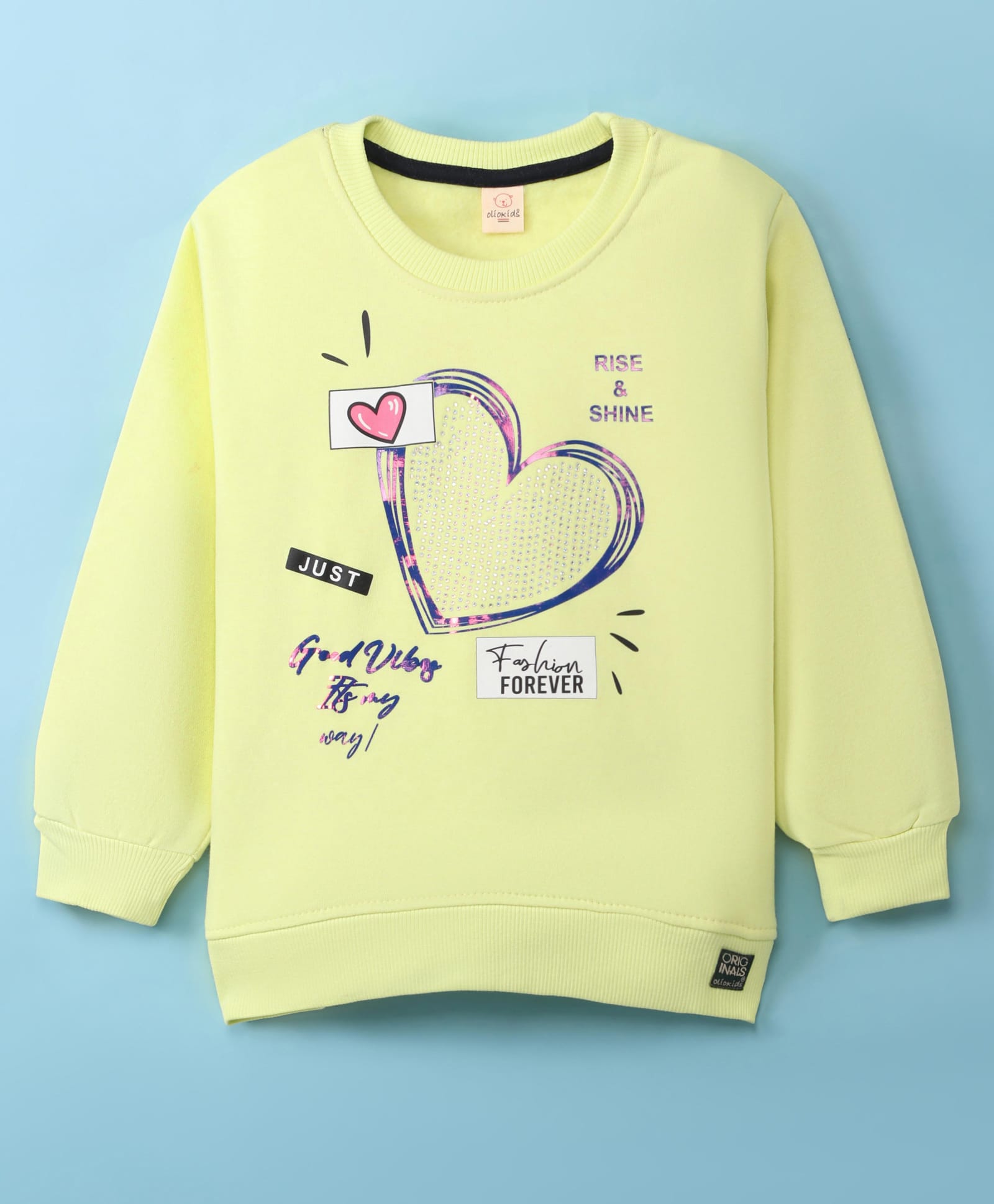 Olio Kids Fleece Knit Full Sleeves Sweatshirt With Foil Text & Heart Print - Light Green-picture-16