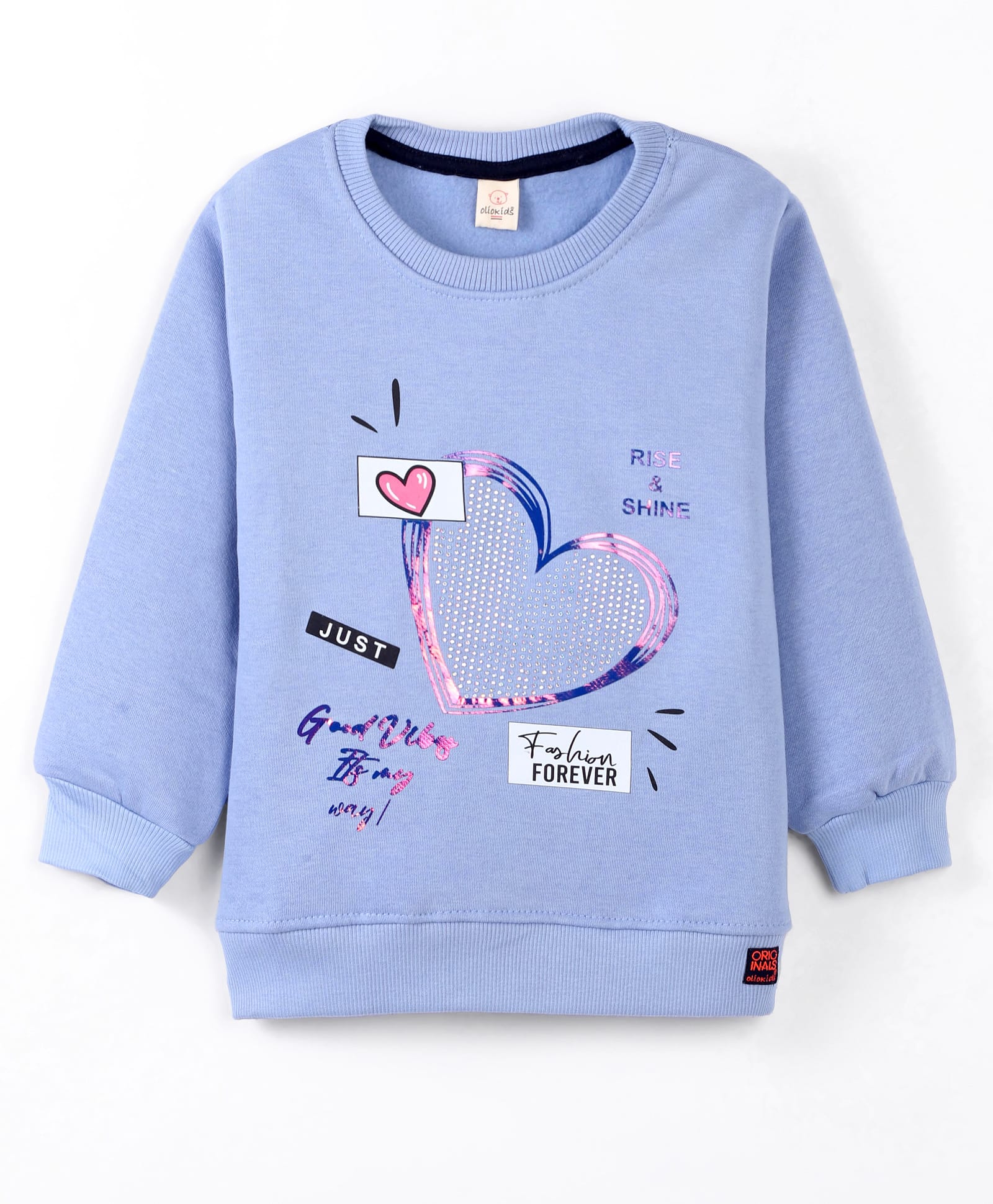 Olio Kids Fleece Knit Full Sleeves Sweatshirt With Foil Text & Heart Print - Light Blue-image-34