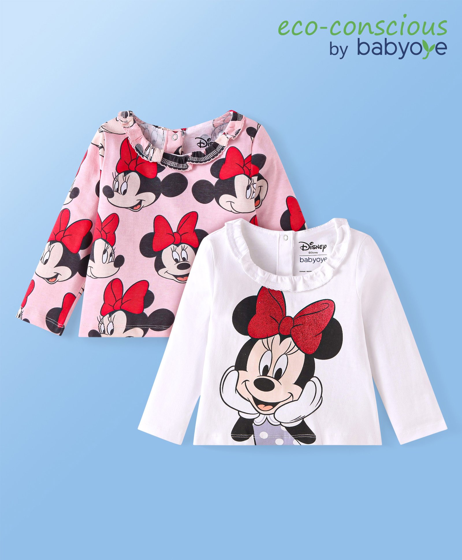 Babyoye Disney Single Jersey Knit Full Sleeves Frills & Kingari Lace Detailing Tops with Minnie Mouse Graphics - White & Pink-picture-9
