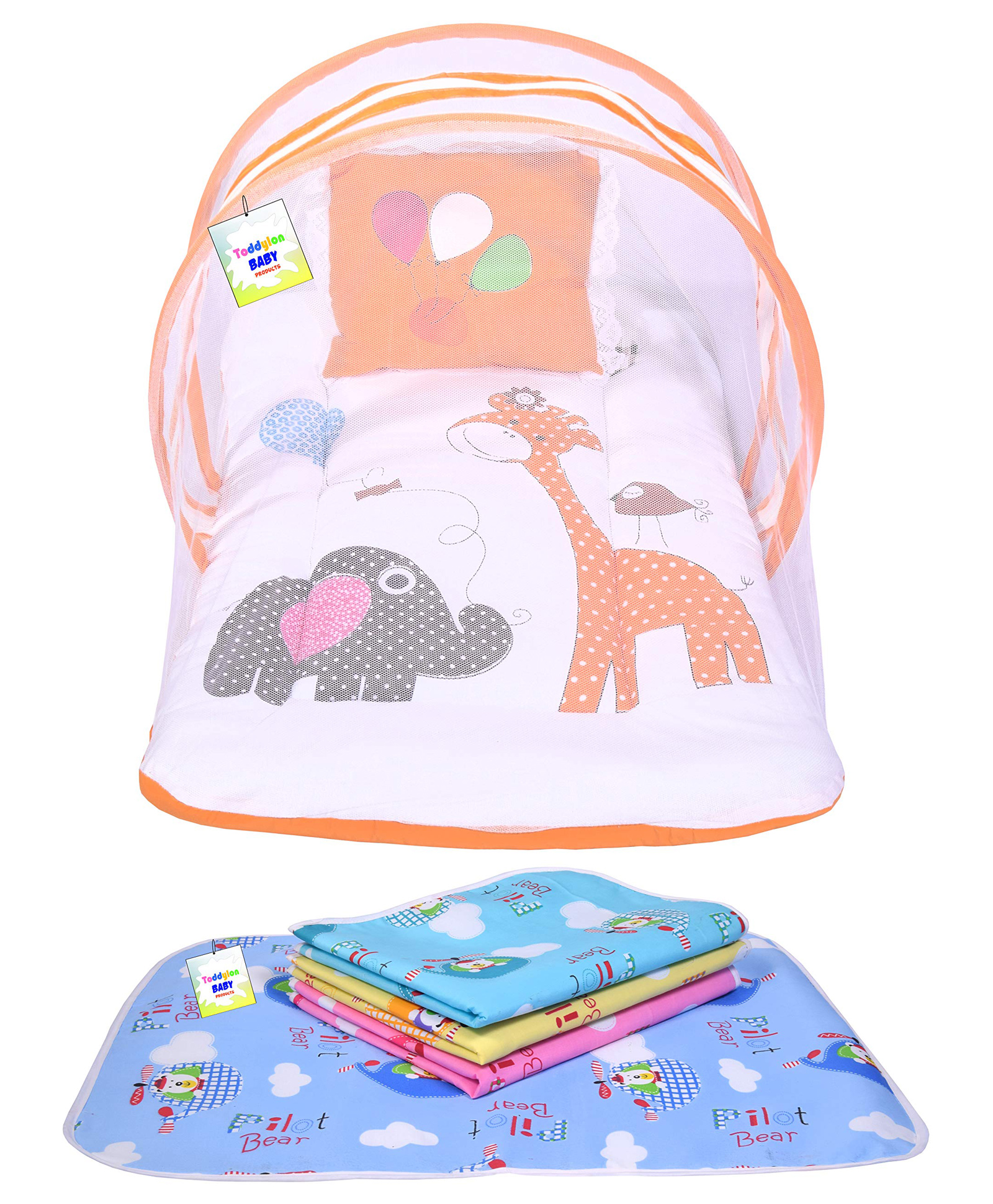 Babytoons Baby Bedding Set Mattress with Net & Nappy Changing Mats (0-Months) Orange-picture-21