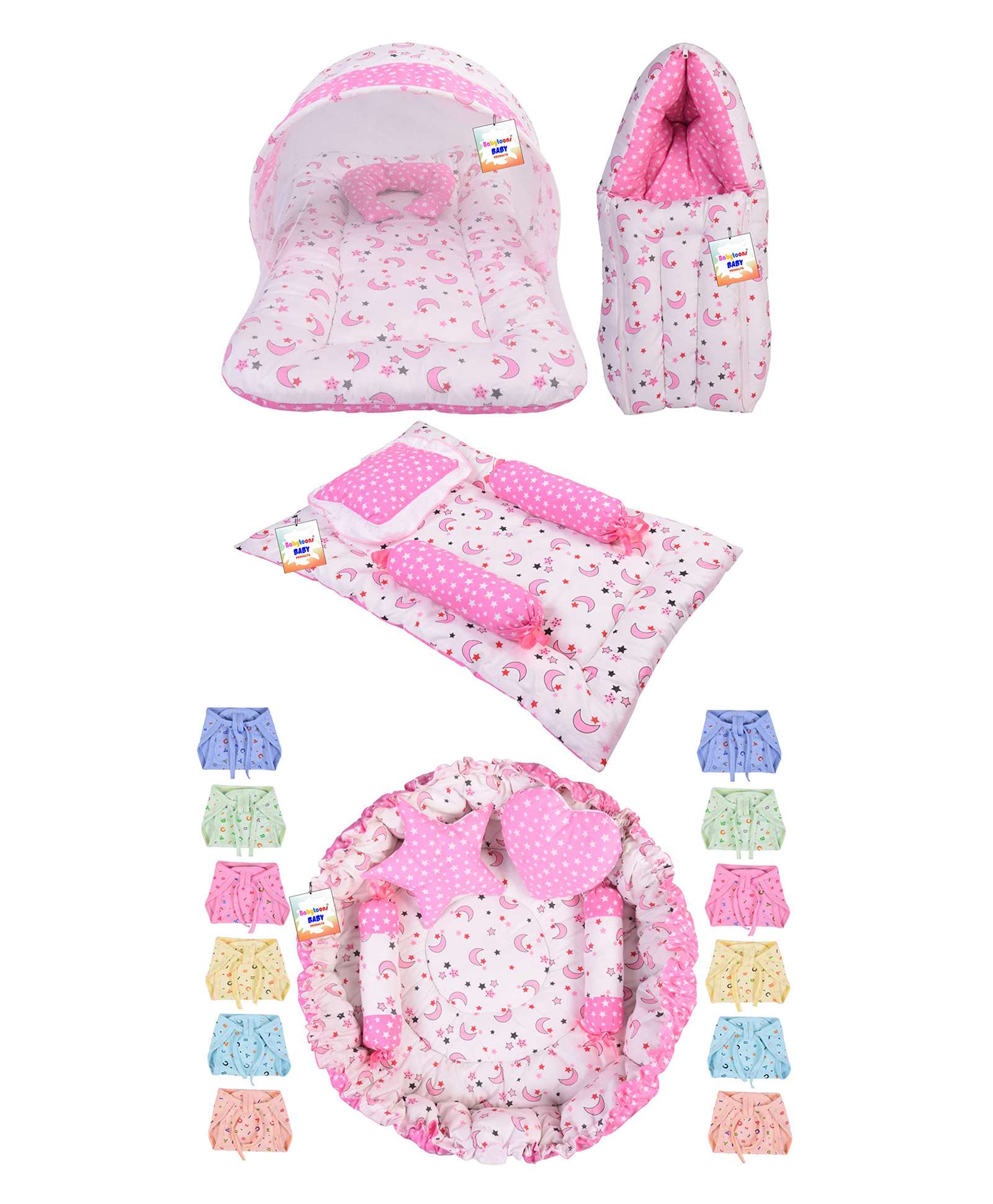 Babytoons New Born Bedding Set Combo & Baby Cloth Nappies (0-6 Months) Pink-image-40