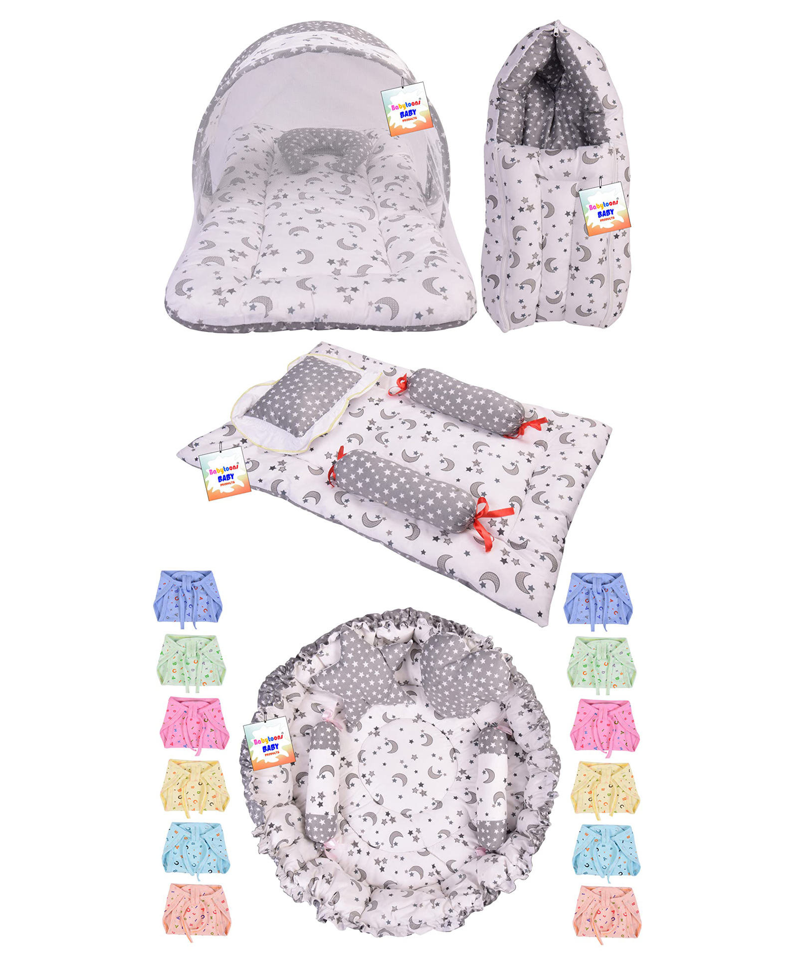 Babytoons New Born Bedding Set Combo & Baby Cloth Nappies (0-6 Months) Grey-image-42