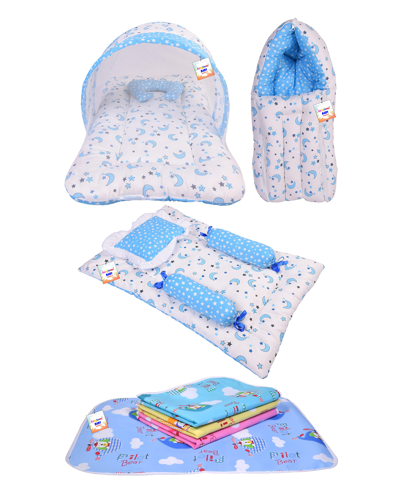 Babytoons Baby Bedding Combo Mattress with Net | Sleeping Bag | 4 Pcs Gaddi Set | 4 Waterproof Sheets (0-6 Months) Blue-image-29