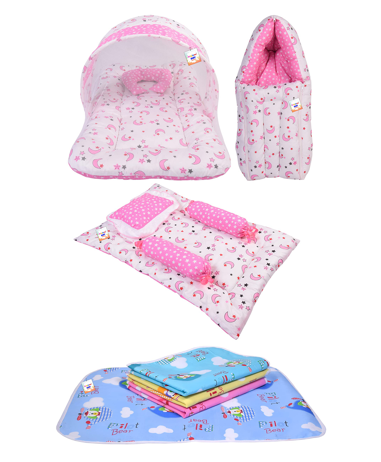 Babytoons Baby Bedding Combo Mattress with Net | Sleeping Bag | 4 Pcs Gaddi Set | 4 Waterproof Sheets (0-6 Months) Pink-image-21