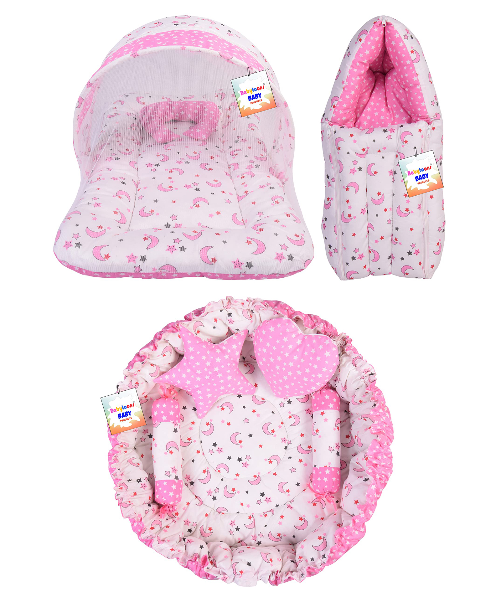 Babytoons Baby Bedding for New Born Mattress with Mosquito Net Sleeping Bag & Baby Nest Bed (0-6 Months) Pink-image-15