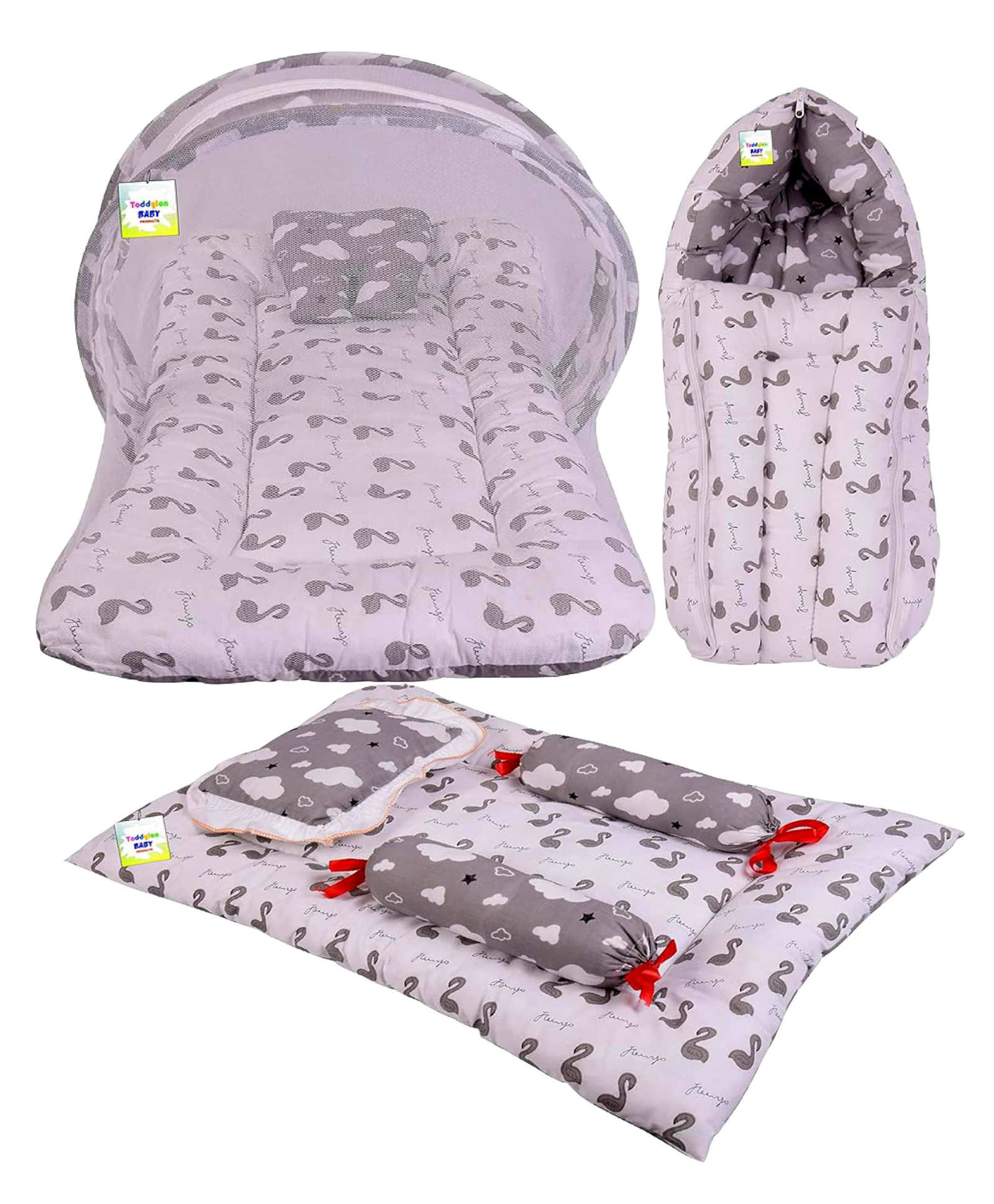 Babytoons Baby Bedding Combo Mattress with Net | Sleeping Bag | 4 Pcs Gaddi Set (0-6 Months) Grey-image-28