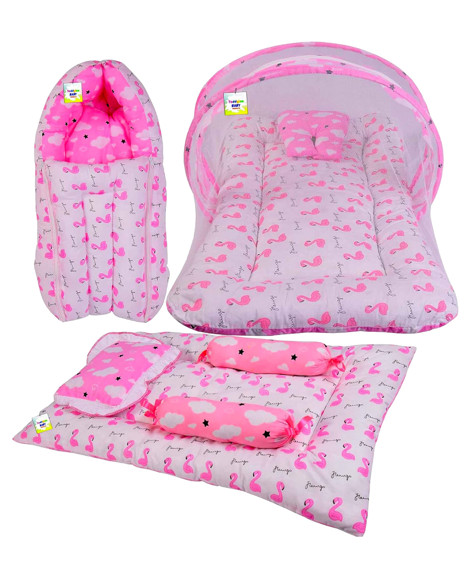 Babytoons Baby Bedding Combo Mattress with Net | Sleeping Bag | 4 Pcs Gaddi Set (0-6 Months) Pink-image-40
