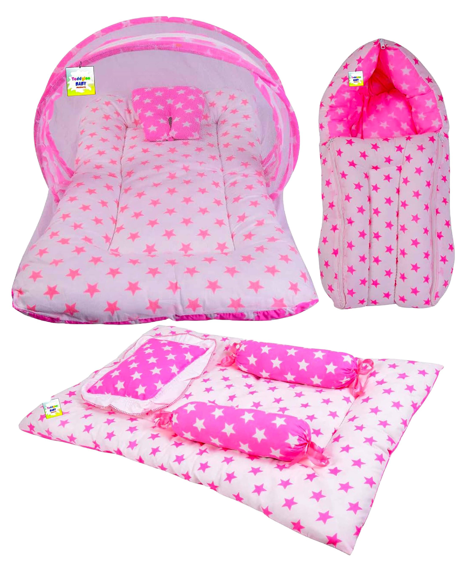 Babytoons Baby Mattress with Net New Born Sleeping Bag & 4 Pcs Gaddi Set (0-6 Months) Pink-image-1