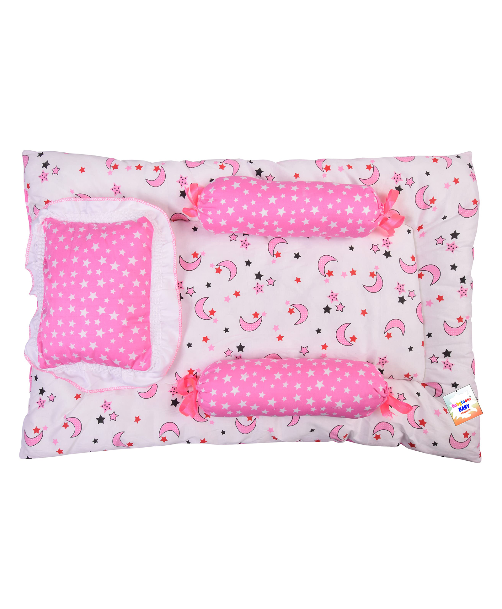 Babytoons Baby Bedding Set New Born Mattress Gaddi with Pillow & Bolsters (0-6 Months) Pink-image-39